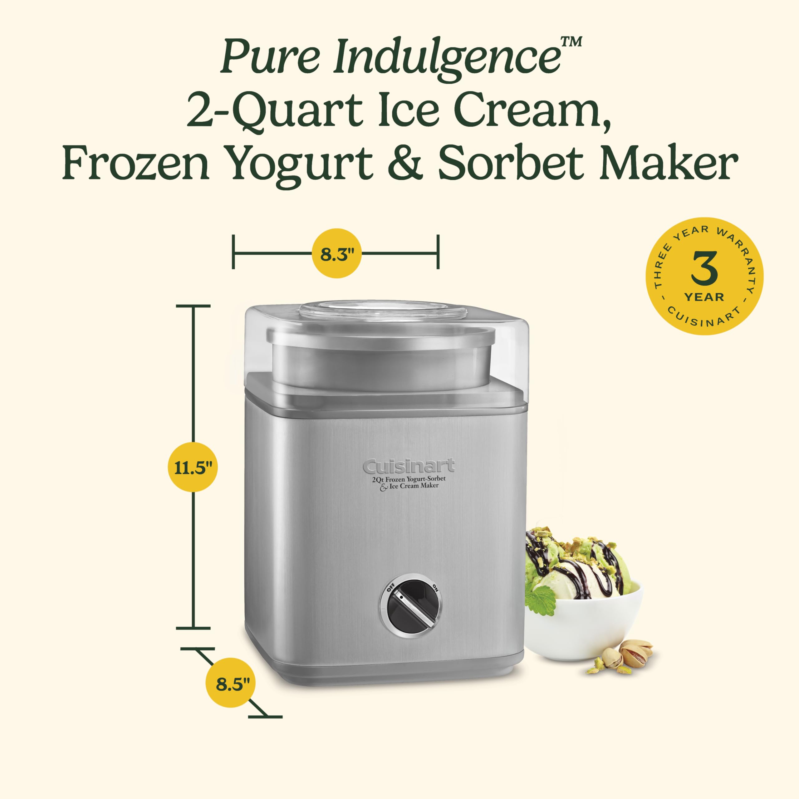 Cuisinart ICE30BCP1 2-Quart Ice Cream Maker Machine for Homemade Ice Cream, Frozen Yogurt & Gelato - Double-Insulated Freezer Bowl, Silver - Perfect for Parties, Family Desserts & Summer Treats