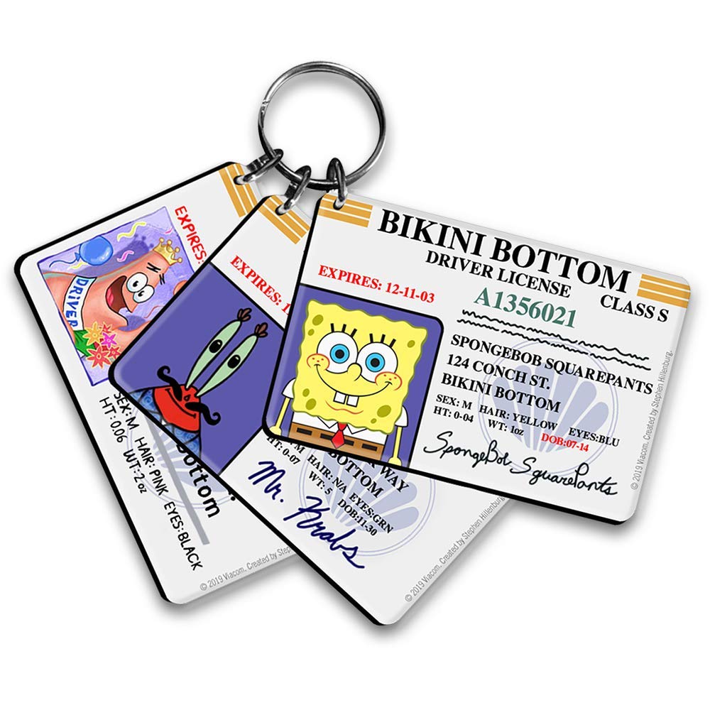 SpongeBob SquarePants Bikini Bottom Driver's License Keychain Set - 3 Pack with SpongeBob, Patrick & Mr. Krabs Keychains - Officially Licensed Nickelodeon Merchandise - Perfect for Car Keys, Backpacks and SpongeBob Fans Gifts