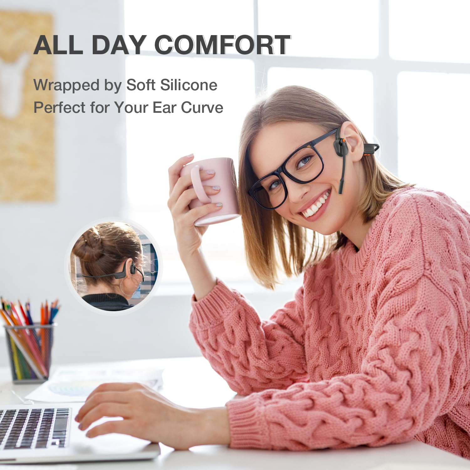 Open Ear Bluetooth Headphones with Microphone - Wireless Computer Headset for PC, Mac, Laptop - Comfortable Office, Home & Online Class Use - Lightweight Open-Ear Design (Gray, Includes USB Dongle)