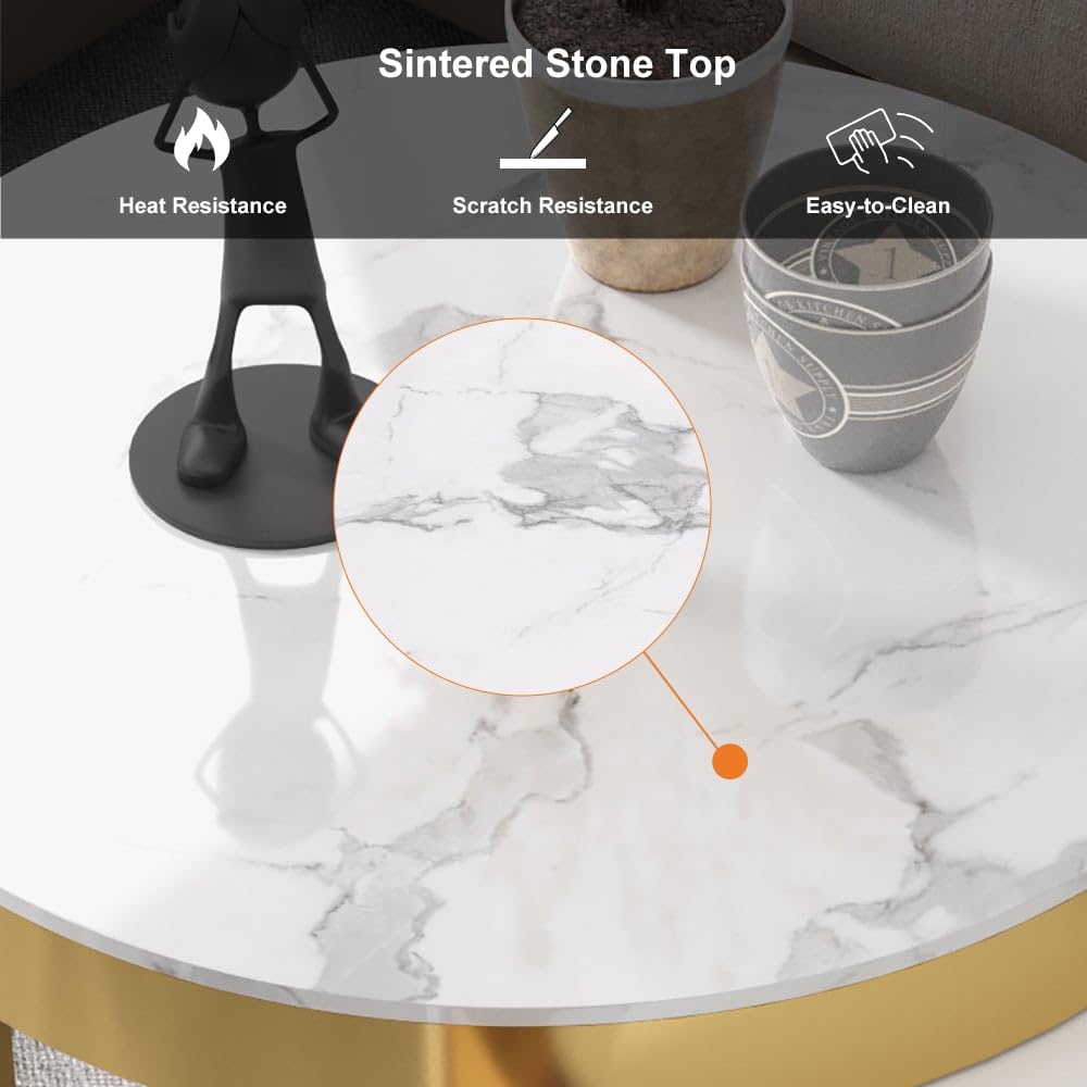 White Round Coffee Table with Storage - Faux Marble Nesting End Table with Rotatable Drawers for Living Room, Bedroom & Office - Modern Home Decor Furniture
