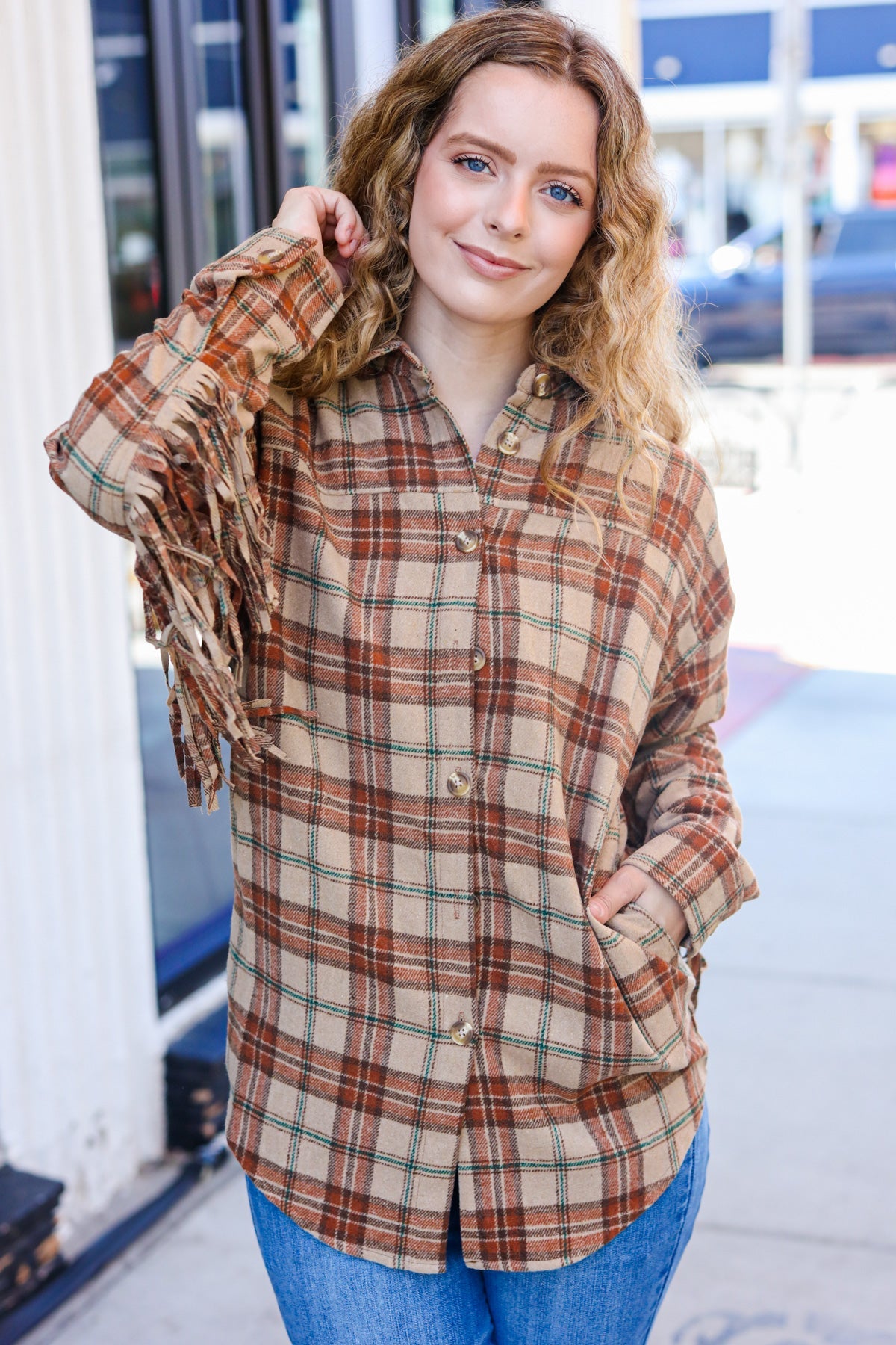 Stylish Taupe & Rust Flannel Plaid Fringe Jacket for Women - Cozy Fall Winter Layering Essential | Perfect for Outdoor Adventures, Casual Outings & Date Nights