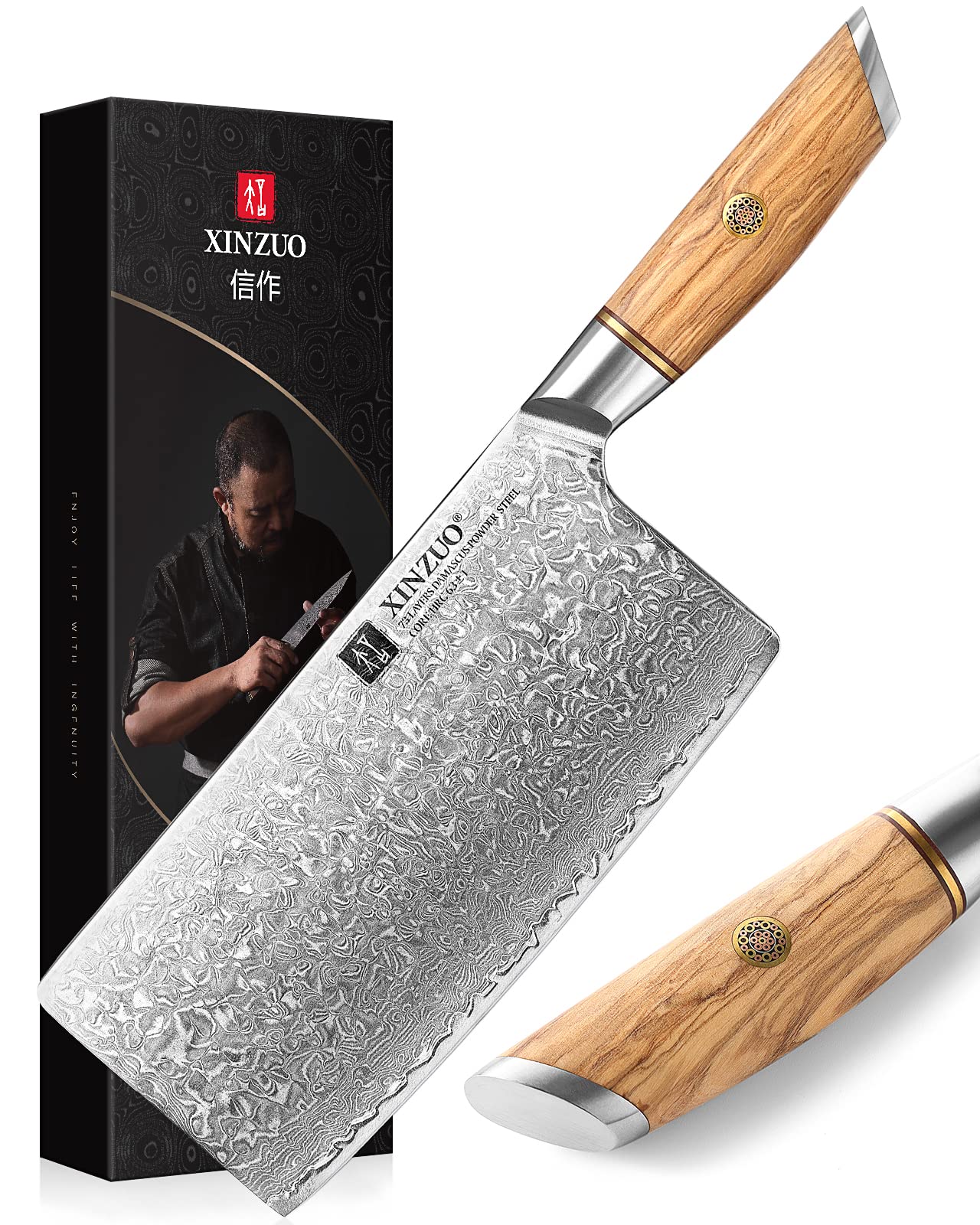 XINZUO 7.5 Inch Damascus Steel Chinese Chef Knife - 73 Layer High Carbon Powder Steel Core, Multi-Purpose Kitchen Cleaver for Meat & Vegetable Cutting with Olive Wood Handle - Perfect for Home Cooking, Professional Kitchens & BBQ Preparation