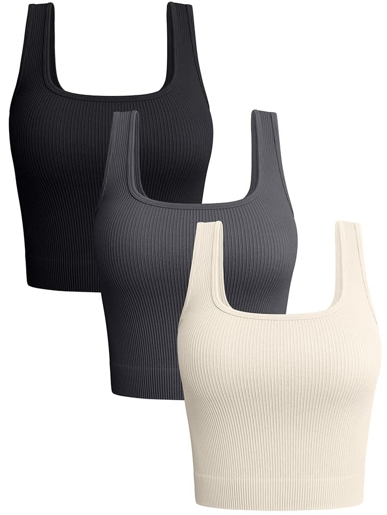 OQQ Women's 3-Pack Ribbed Seamless Tank Tops - Breathable Workout Shirts for Yoga, Gym & Summer 2025 - Basic Camisole Tops for Women's Fitness & Casual Wear