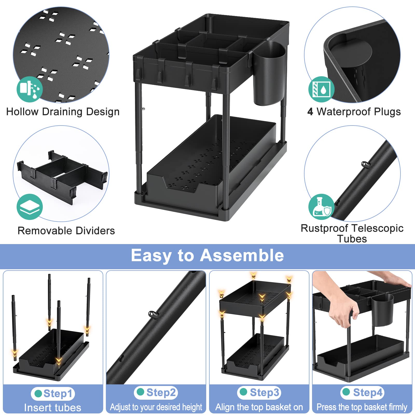 2-Tier Under Sink Organizer with Adjustable Height - Black Bathroom & Kitchen Storage Cabinet with 4 Removable Dividers, 4 Hooks & Cup - Perfect for Maximizing Under-Sink Space in Bathrooms, Kitchens & Laundry Rooms