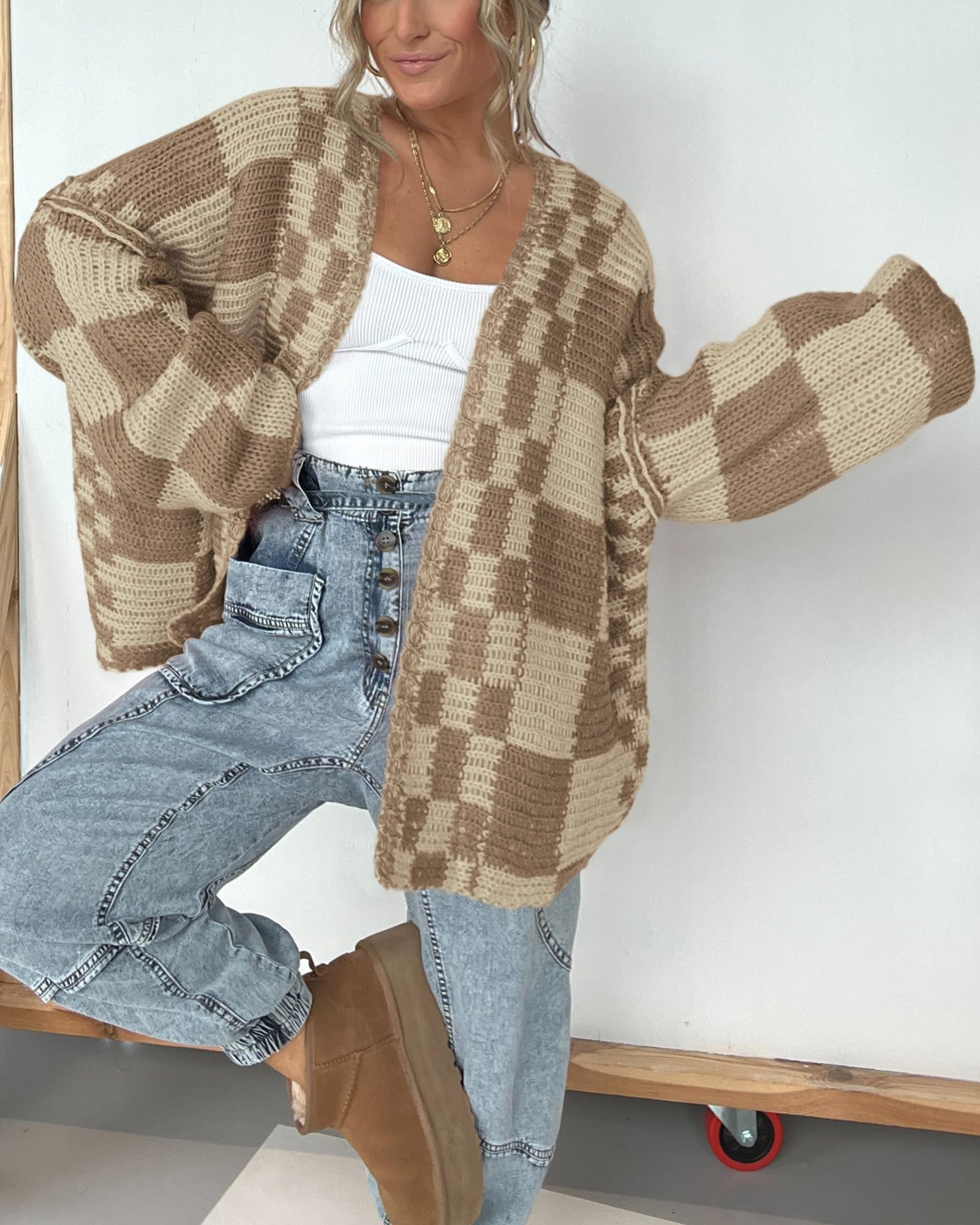 BTFBM Women's Casual Open Front Long Sleeve Chunky Knit Cardigan Sweater - Plaid Pattern Cozy Winter Coat for Office, Lounge & Outdoor Wear