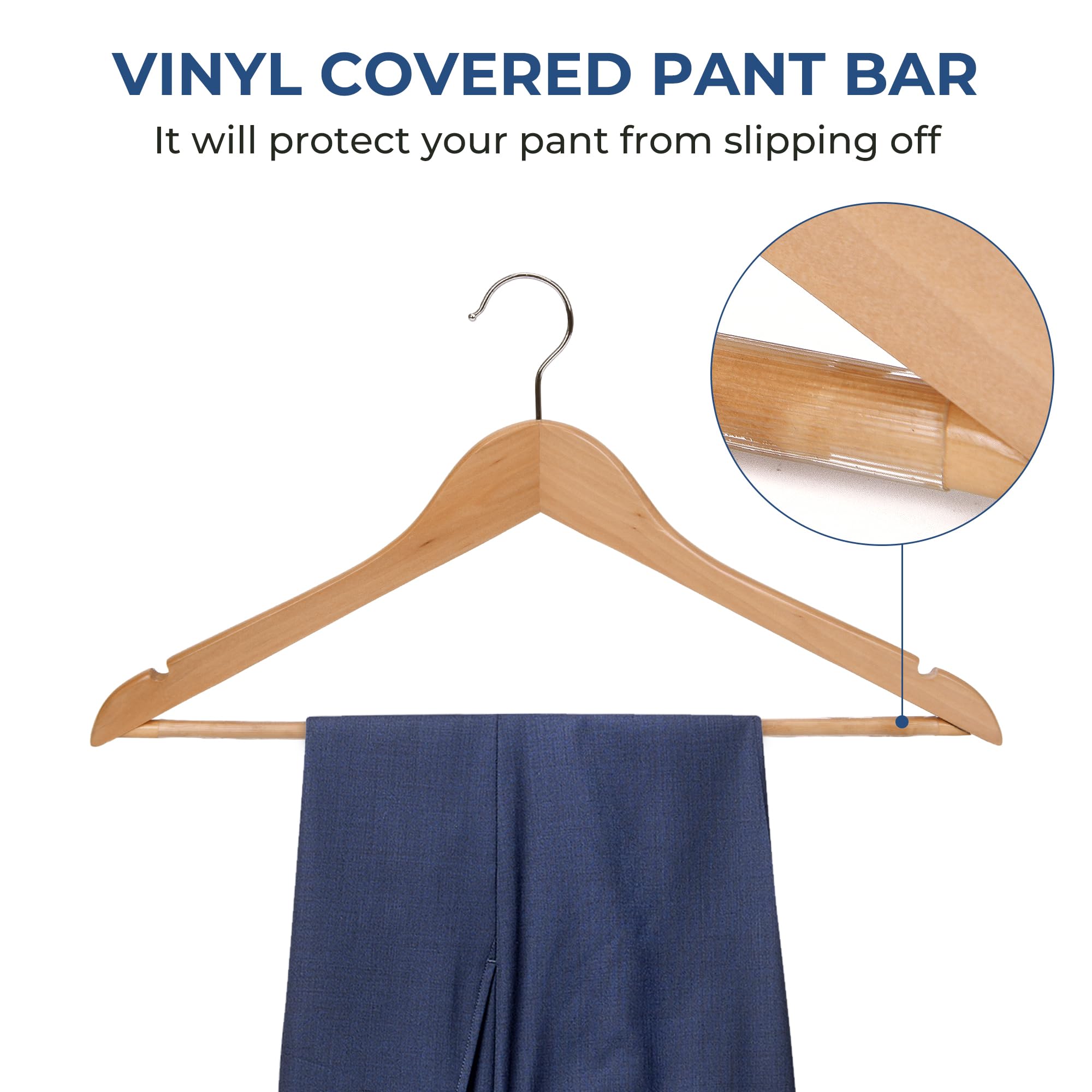 Premium 20-Pack 17.5 Inch Wooden Coat Hangers with Non-Slip Pant Bar - Smooth Splinter-Free Natural Finish for Closet, Suits, Dresses & Home Organization