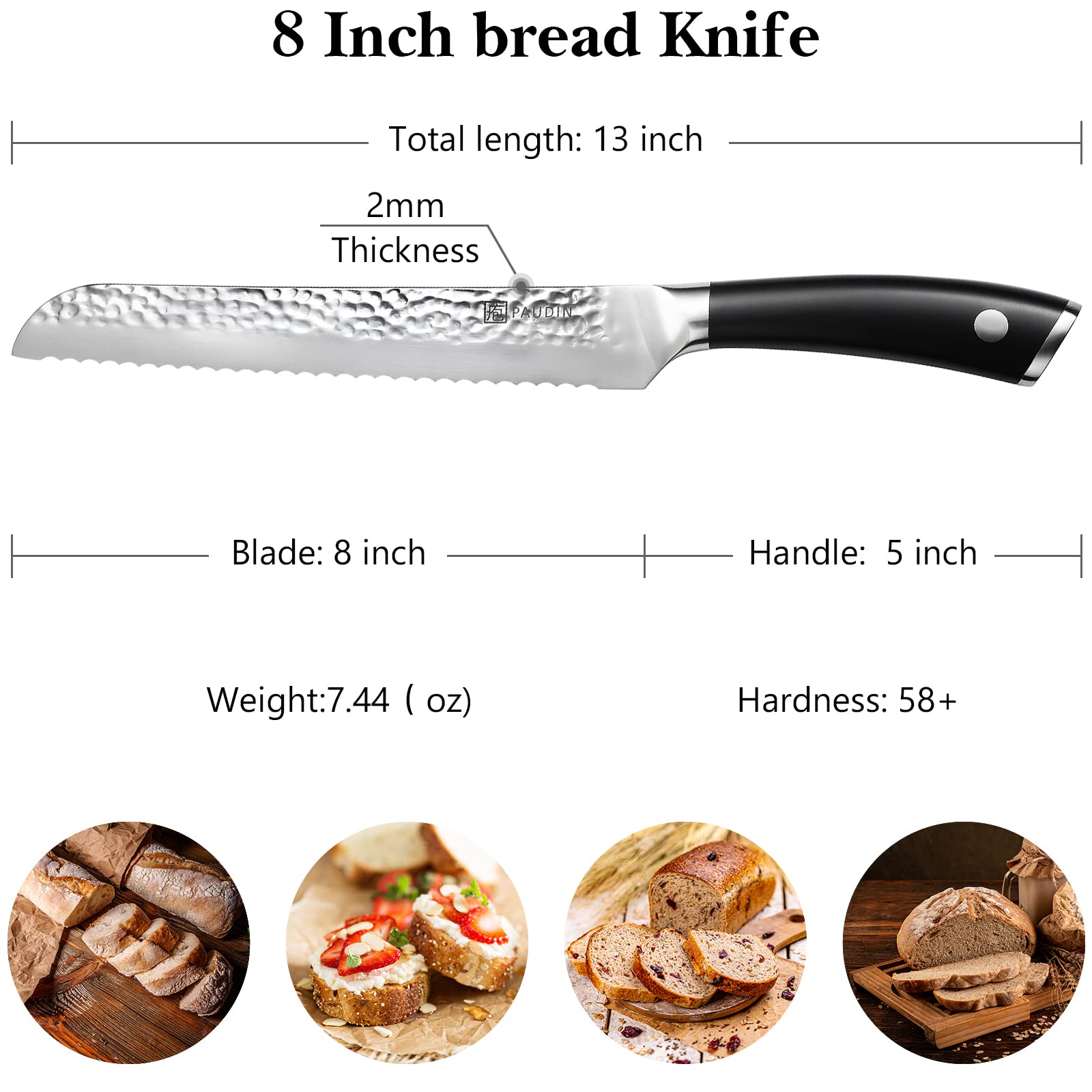 PAUDIN 8-Inch Serrated Bread Knife - High Carbon Stainless Steel Blade with Full Tang ABS Handle - Perfect for Slicing Homemade Bread, Cakes, and Pastries - Ideal for Bakeries, Kitchens, and Home Chefs