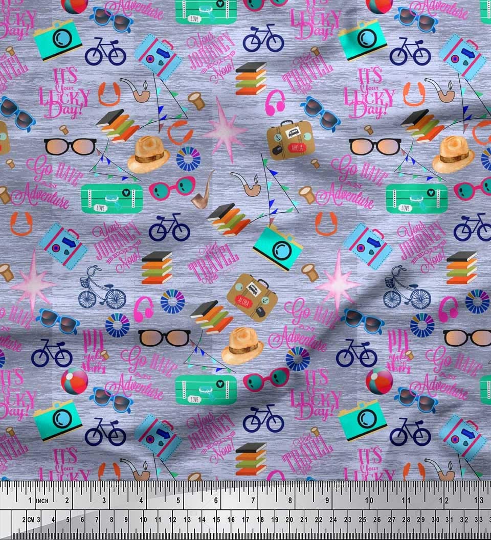 Soimoi Blue Polyester Crepe Fabric by The Yard - 42 Inch Wide Premium Textile for Camera Bags, Hats, Briefcases - Travel & Adventure Themed Printed Fabric for DIY Fashion, Home Decor & Craft Projects - Perfect for Sewing Dresses, Scarves, Curtains & Travel Accessories