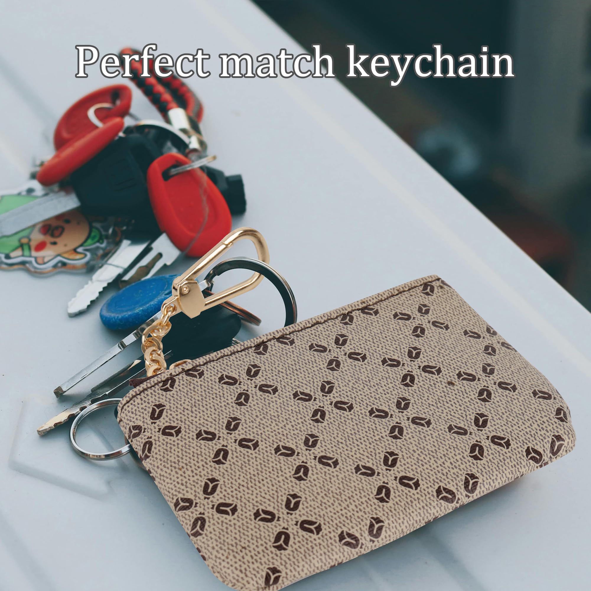 Veki Leather Coin Purse Wallet with Keychain Ring & Zipper - Classic Khaki Mini Clutch for Men & Women | Perfect for Keys, Coins, Cards & Everyday Essentials