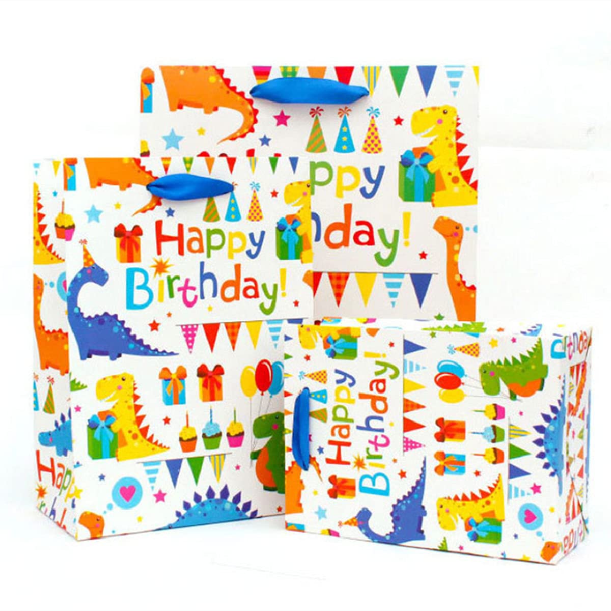 Aestivate 3 Pack Colorful Paper Gift Bags with Handles - Blue Dinosaur Print for Birthday, Wedding, Retail & Party Favors (3 Sizes) - Perfect for Gift Wrapping, Party Decorations & Store Merchandise