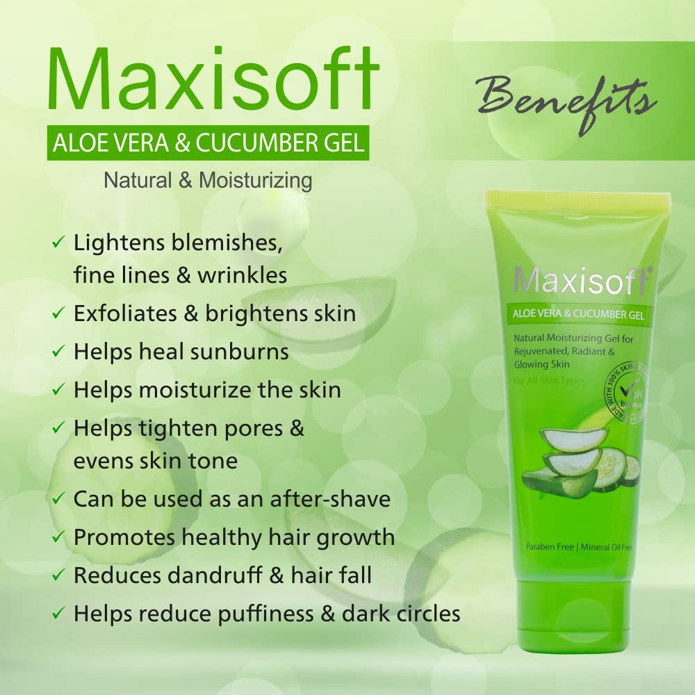 Maxisoft Aloe Vera & Cucumber Gel for Face & Body - Cooling Moisturizer to Soothe Dry, Irritated Skin - Lightweight Non-Sticky Formula for Daily Skincare & Haircare - 120g (Pack of 1) | Perfect for Sunburn Relief, After-Sun Care & Summer Hydration