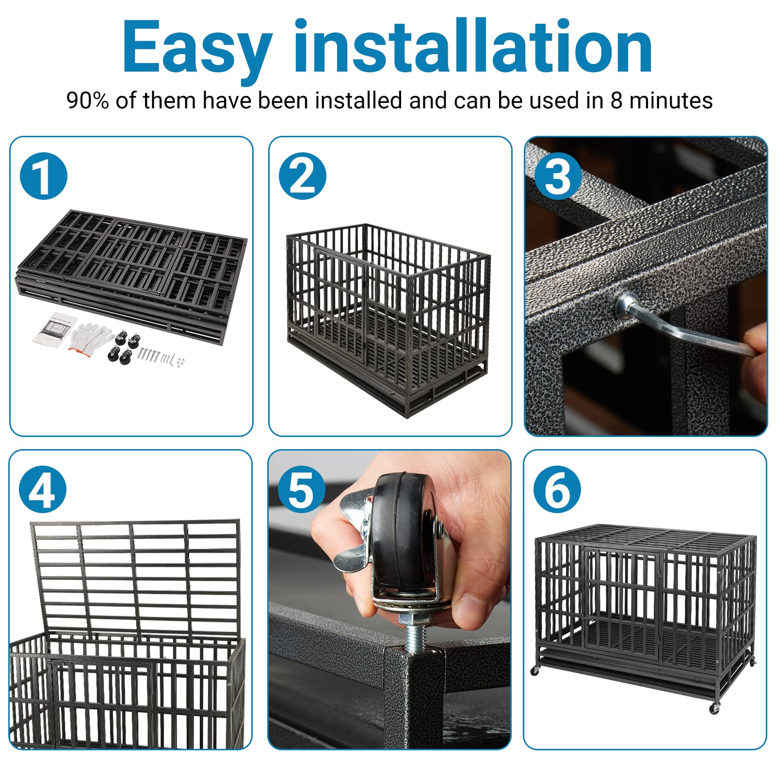 48 Inch Heavy Duty Dog Crate Kennel with Wheels - Indestructible XL XXL Extra Large Dog Cage for High Anxiety Dogs, Removable Tray & Dual Lock System (Black, Square) - Perfect for Travel, Training & Home Security