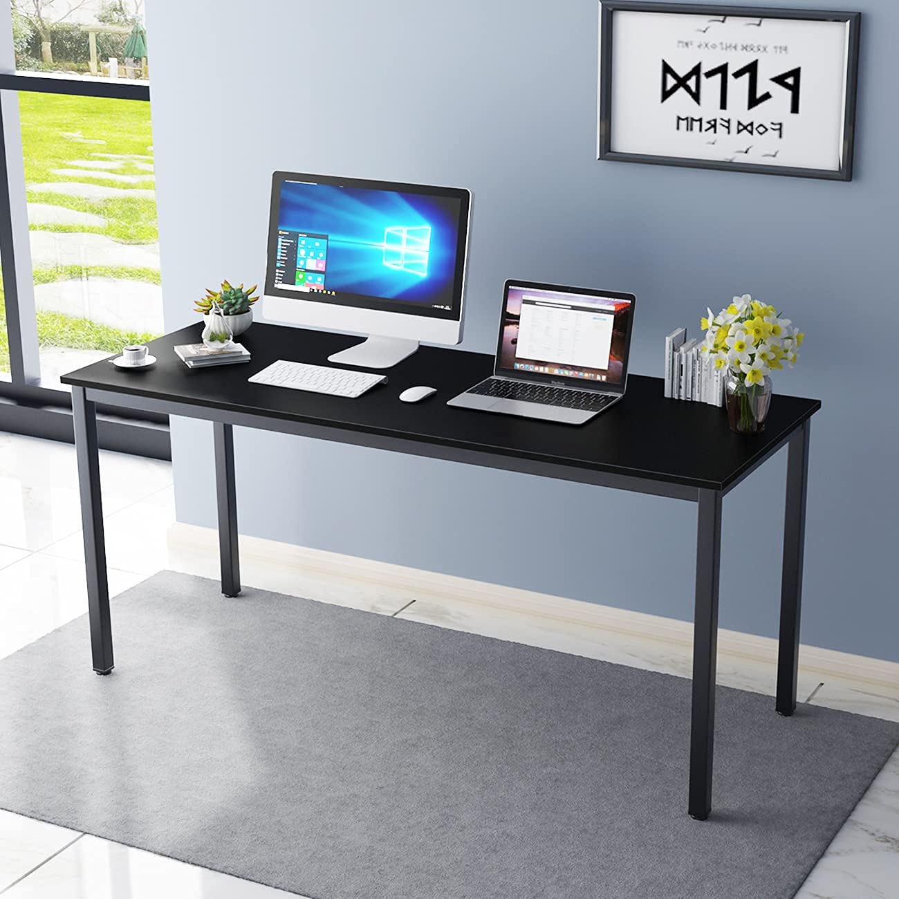 DLandHome 63 Inch Black Computer Desk - Home Office Desk, Writing Desk, Study Table, Gaming Desk Workstation for Small Spaces & Modern Workspaces