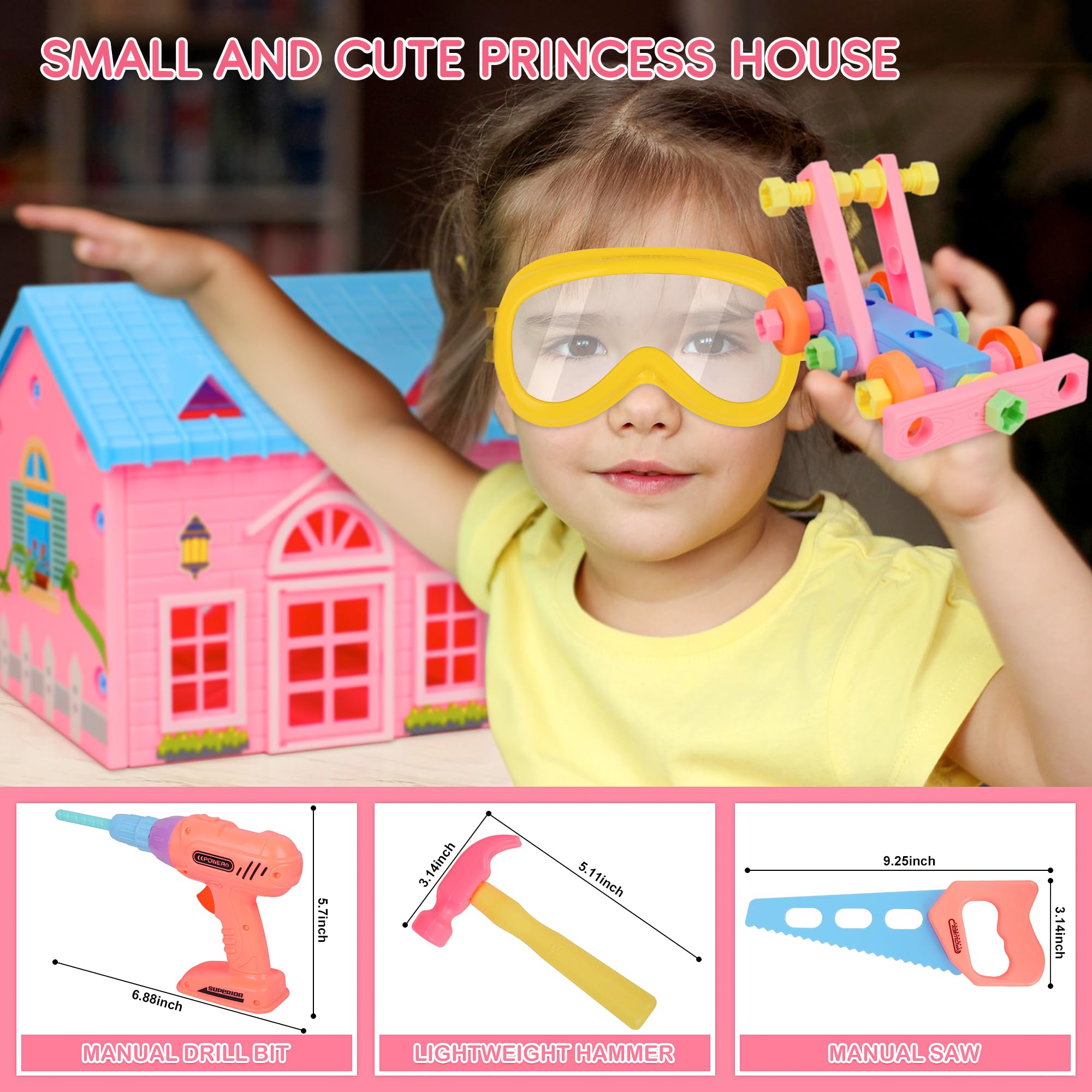 STEM Building Toys for Girls Ages 3-7 - Pink Construction Playset with Electric Drill, Tool Box & Safety Goggles - Educational Learning Toys for Toddlers - Perfect for Pretend Play, Birthday Gifts & Preschool STEM Activities