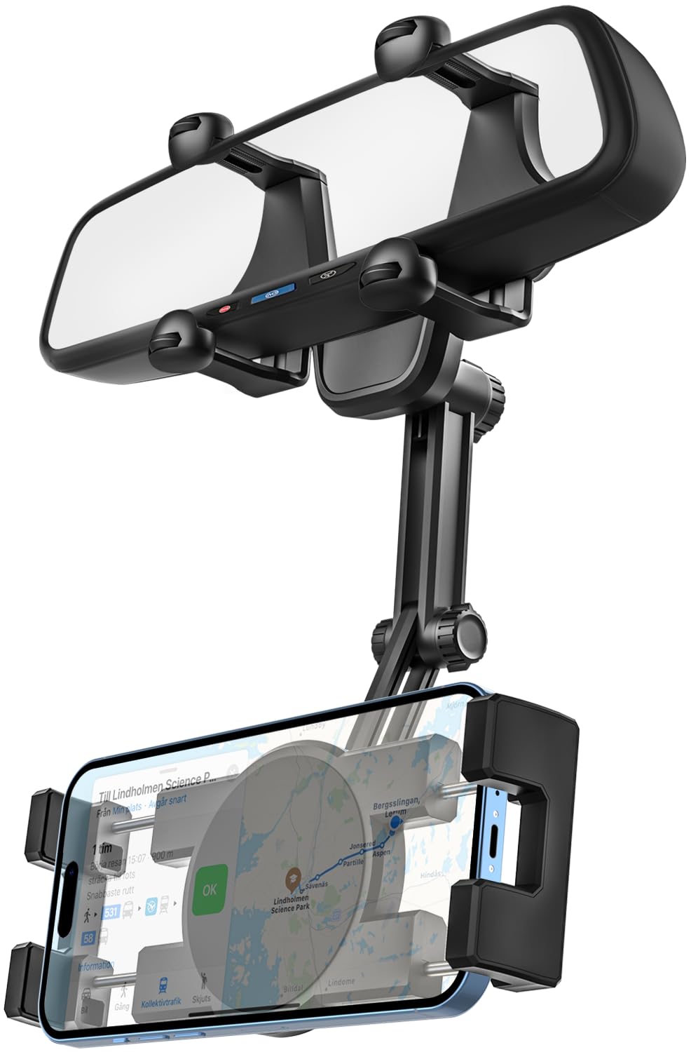 360° Rotatable Anti-Shake Car Phone Mount for Rearview Mirror - Universal Phone Holder for iPhone 16/15/14/13/12 Pro Max, Samsung Galaxy - Retractable Clip with 4 Secure Grips - Perfect for GPS Navigation & Hands-Free Driving