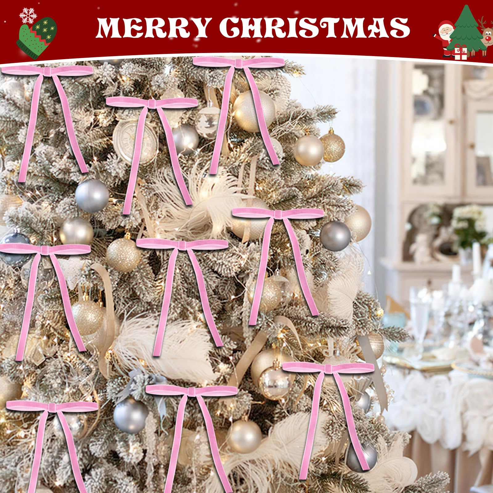 24 Pcs Pink Velvet Christmas Tree Bows - 5x7 Inch Pre-Tied Velvet Ribbon Bows for Wreaths, Gifts, Holiday Decorations & Tree Ornaments - Elegant Xmas Décor for Home, Party & Festive Celebrations