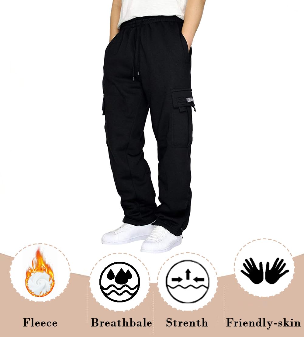 NOVASGAFF Men's Fleece Cargo Jogger Pants - Loose Fit Drawstring Sweatpants with Pockets & Open Bottom | Comfortable Casual Wear for Gym, Lounge & Outdoor Activities