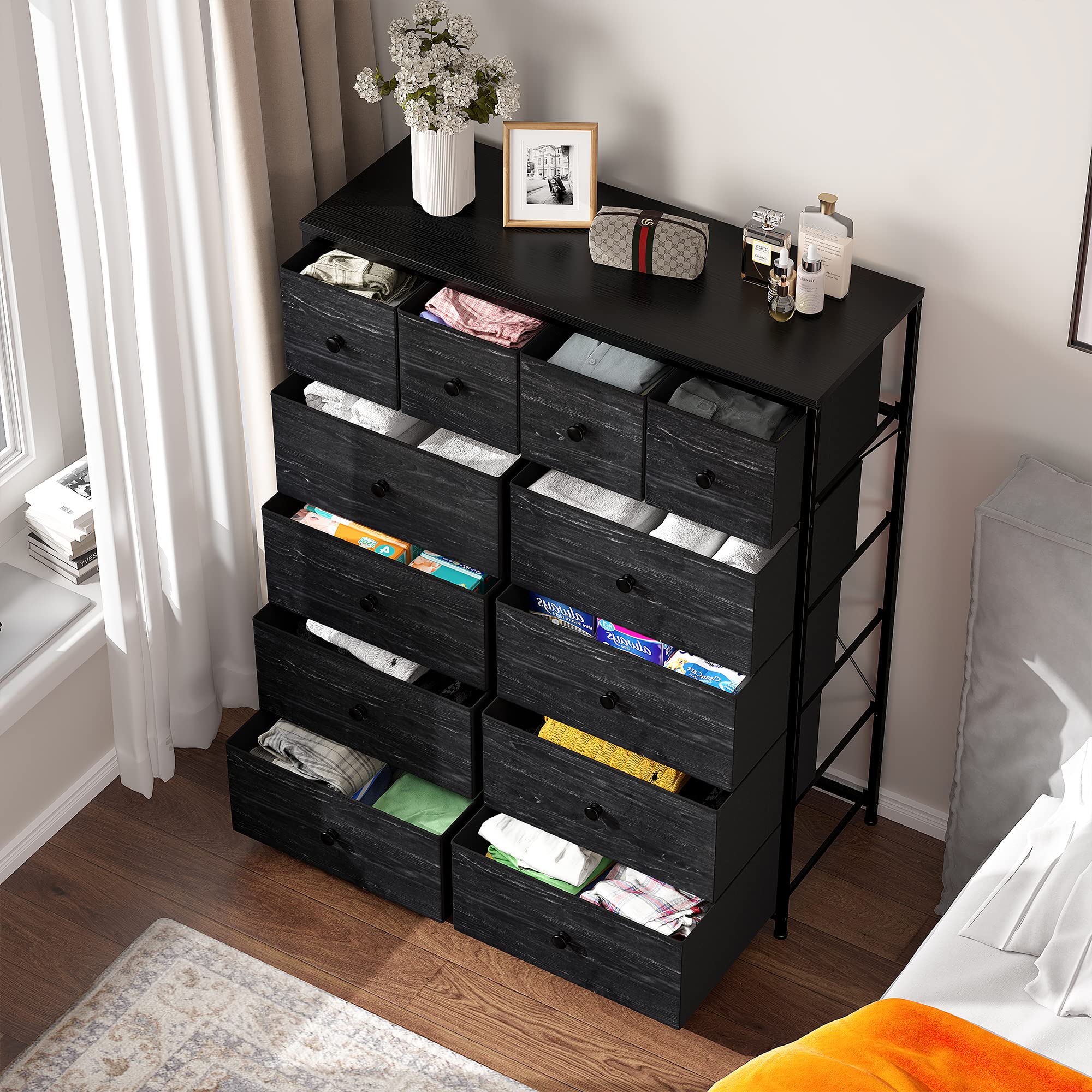 EnHomee 12-Drawer Black Dresser for Bedroom - Fabric Storage Chest of Drawers, 11.9
