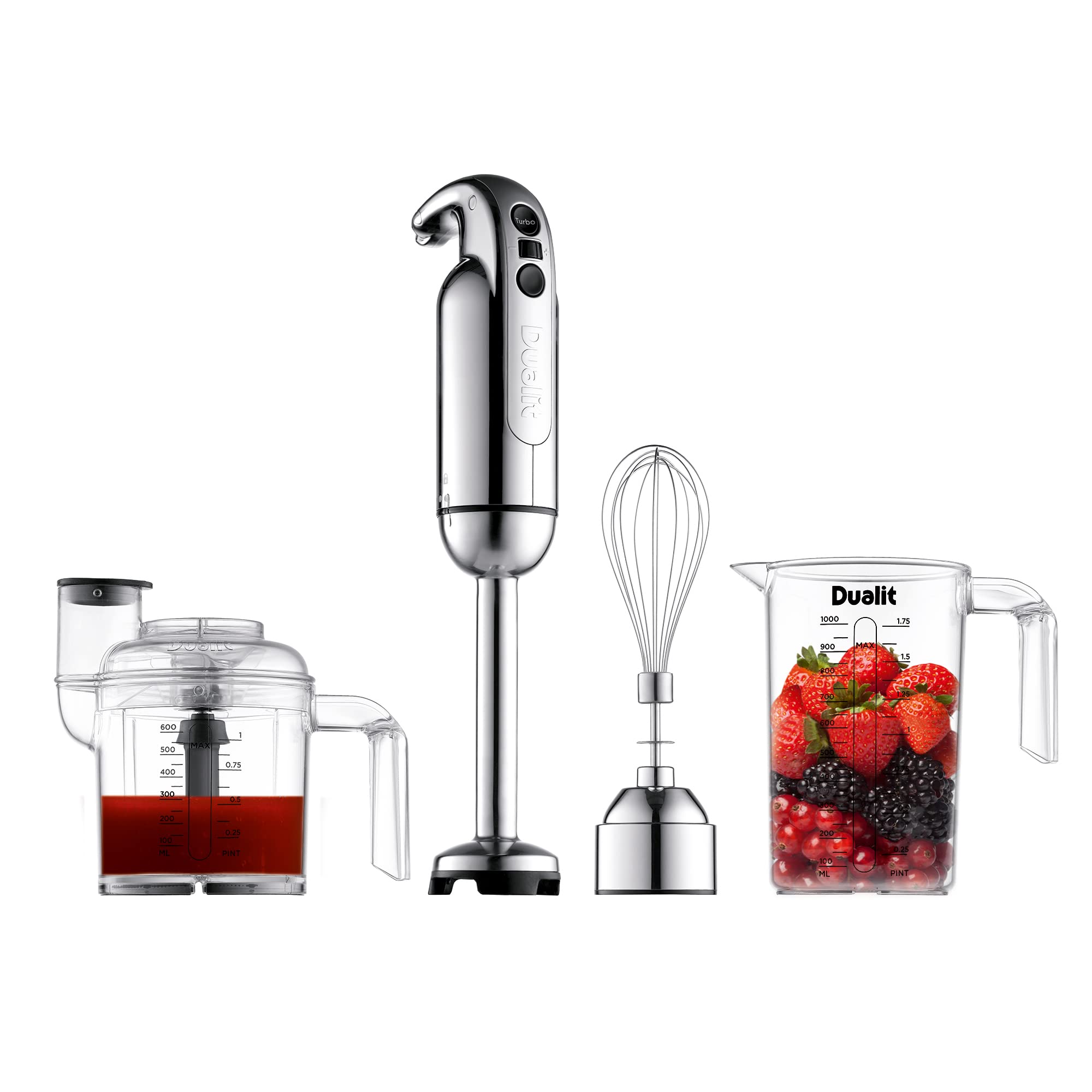 Dualit 700W Hand Blender Set - Powerful Stick Blender with Turbo Speed, 35.1oz Measuring Jug, Chopping Bowl & Whisk Attachment | Chrome Finish | Perfect for Smoothies, Soups, Baby Food & Baking