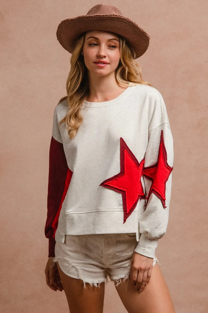 BiBi Star Patch & Spliced Hemline French Terry Long Sleeve Sweatshirt for Women - Cozy Casual Pullover for Fall & Winter Fashion | Perfect for Streetwear, Lounge Wear and Everyday Outfits