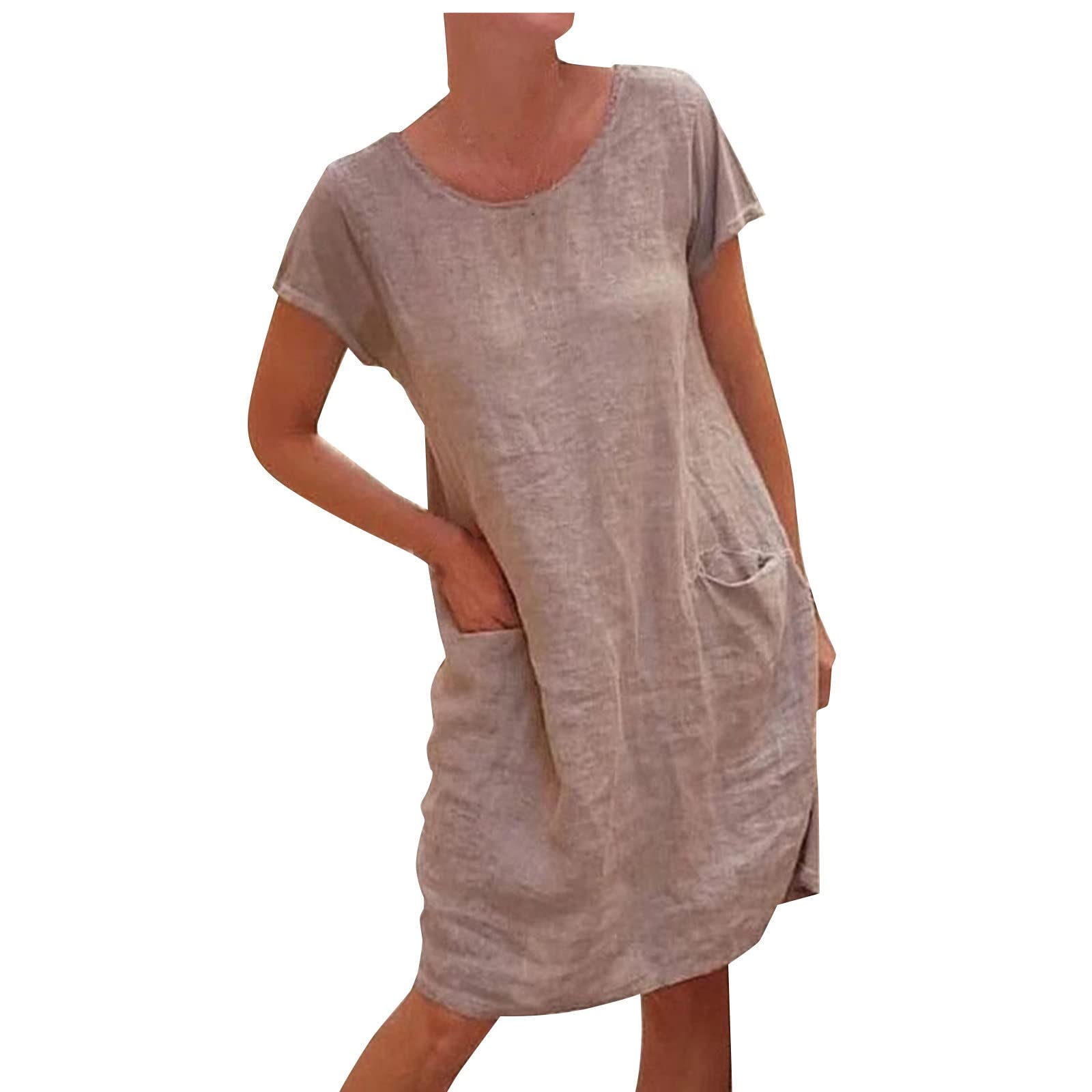 Women's Casual Short-Sleeve Cotton Linen Dress with Pockets - Lightweight Summer O-Neck Stitched Sweater Dress for Office, Brunch & Outdoor Activities