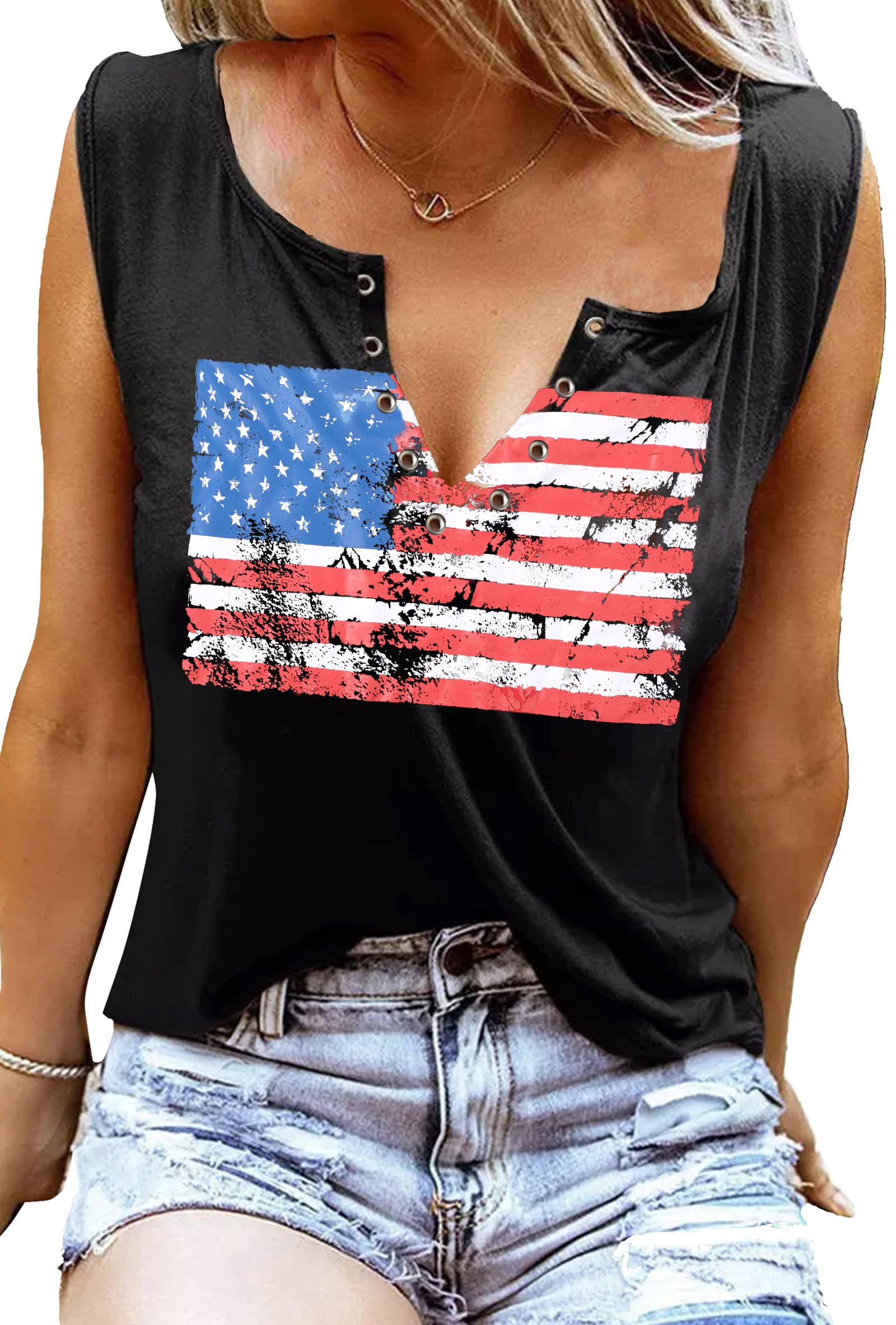 American Flag Tank Tops for Women - Sleeveless V-Neck Patriotic Shirts with Ring Hole Design | Stars & Stripes Summer T-Shirts | Perfect for 4th of July, BBQ Parties & Outdoor Events