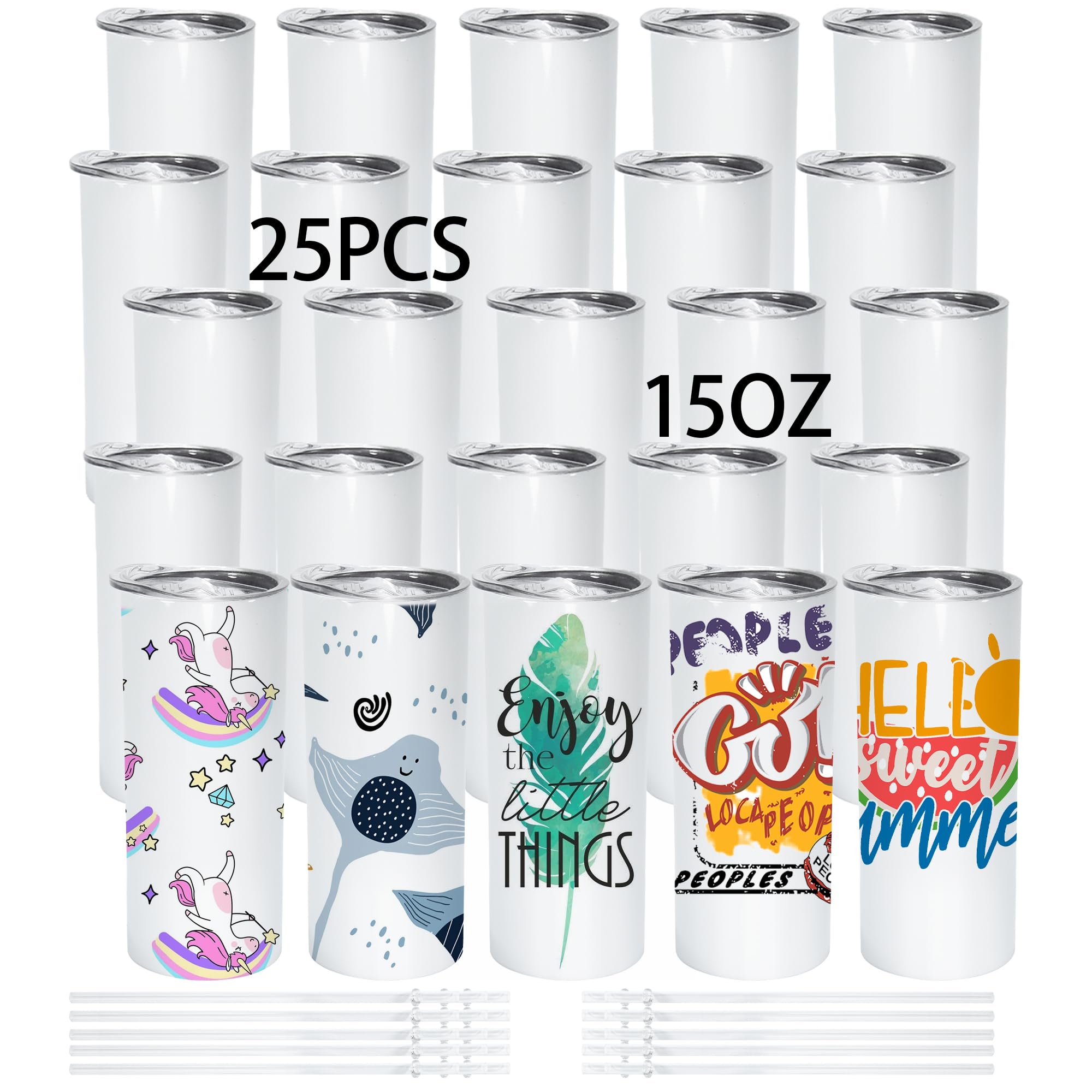 15oz Sublimation Blank Skinny Tumblers 25-Pack with Lids & Straws - Stainless Steel Insulated Travel Mug, Double Wall Vacuum Cup for Coffee, Juice & Cold Drinks - Perfect for Gym, Office, Hiking & Outdoor Activities