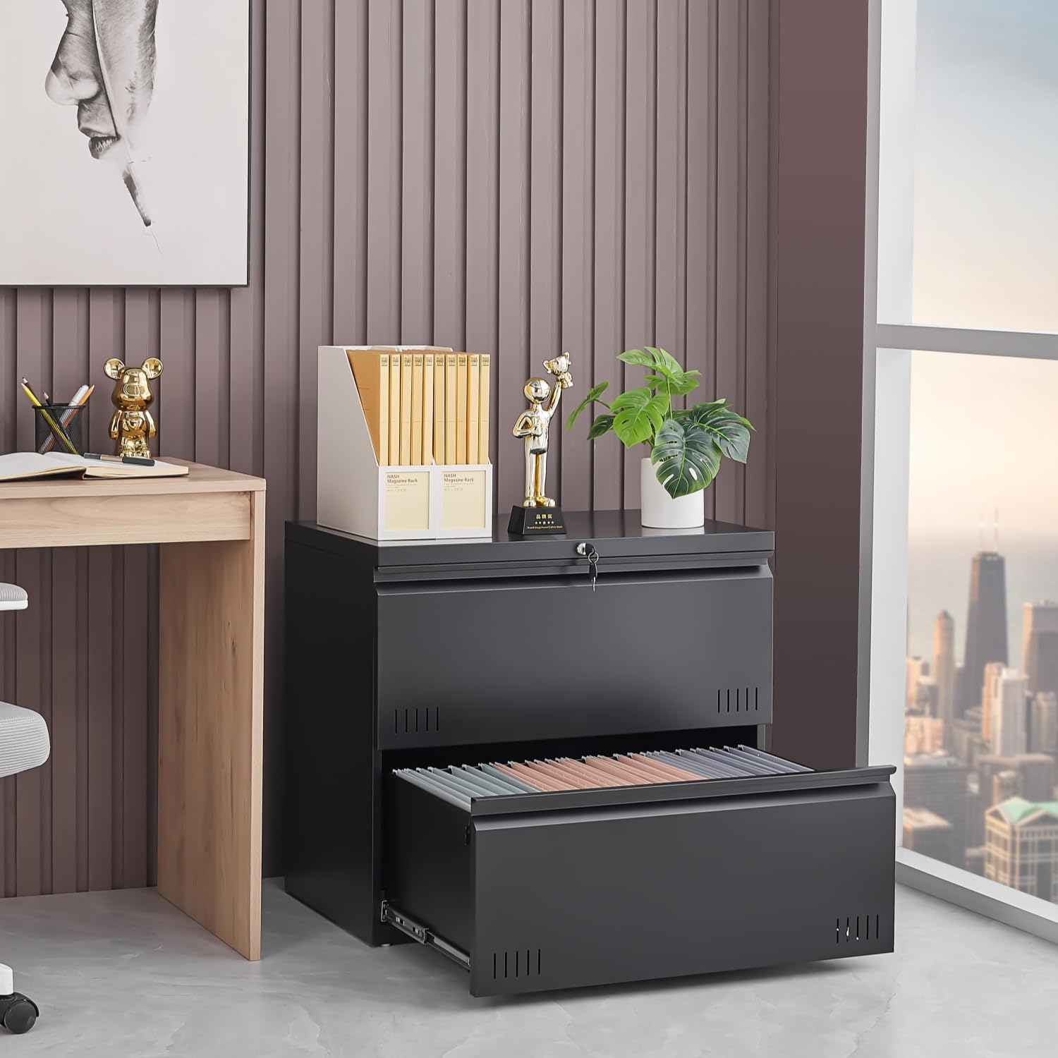 2 Drawer Lateral File Cabinet with Lock - Home Office Storage for A4, Letter & Legal Size Folders - Black Filing Cabinet for Documents, Printer Stand & Office Organization