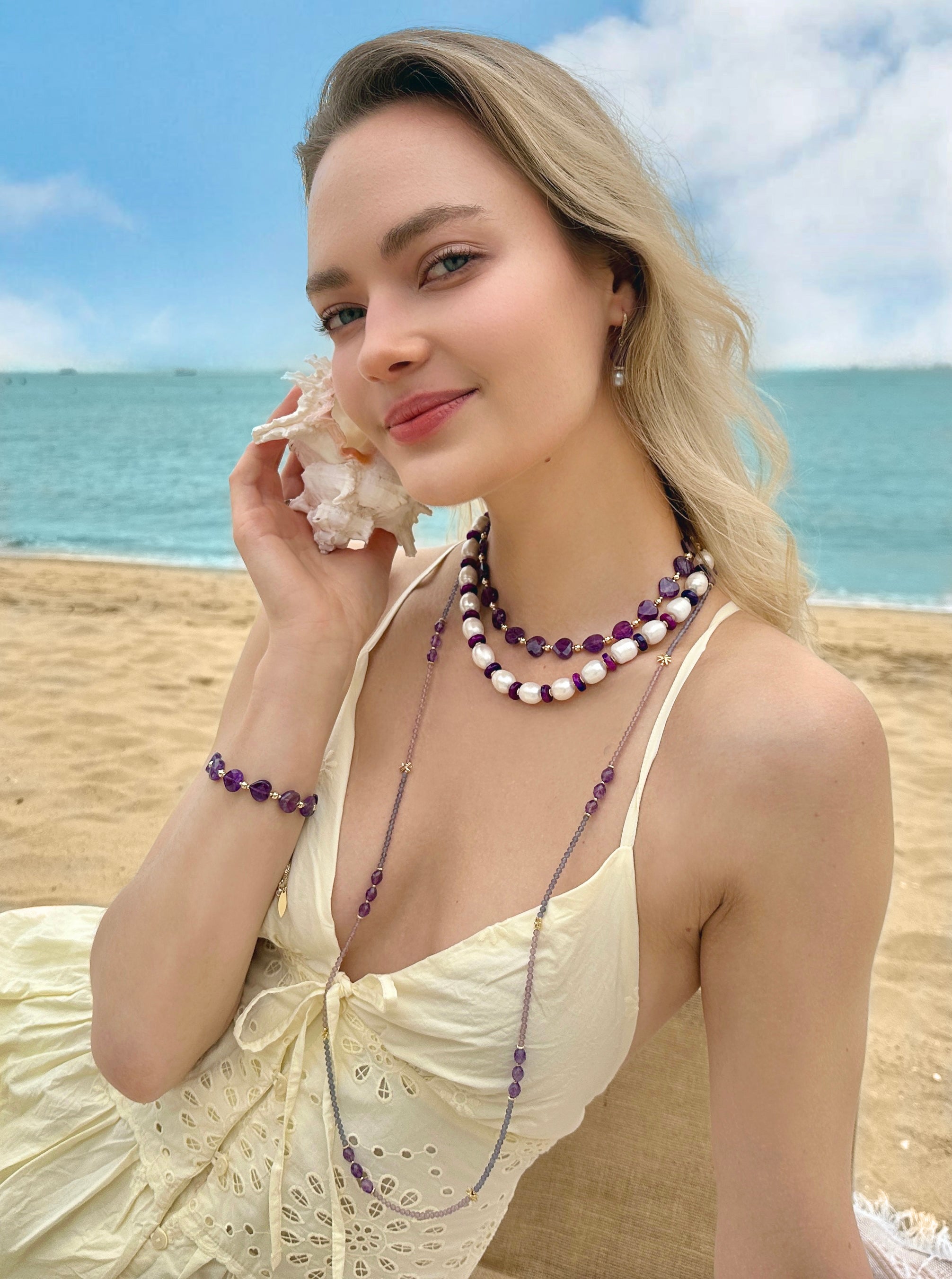 Natural Cultured Freshwater Pearl & Purple Gemstone Necklace LN011 - Elegant Jewelry for Women, Perfect for Weddings, Parties & Special Occasions