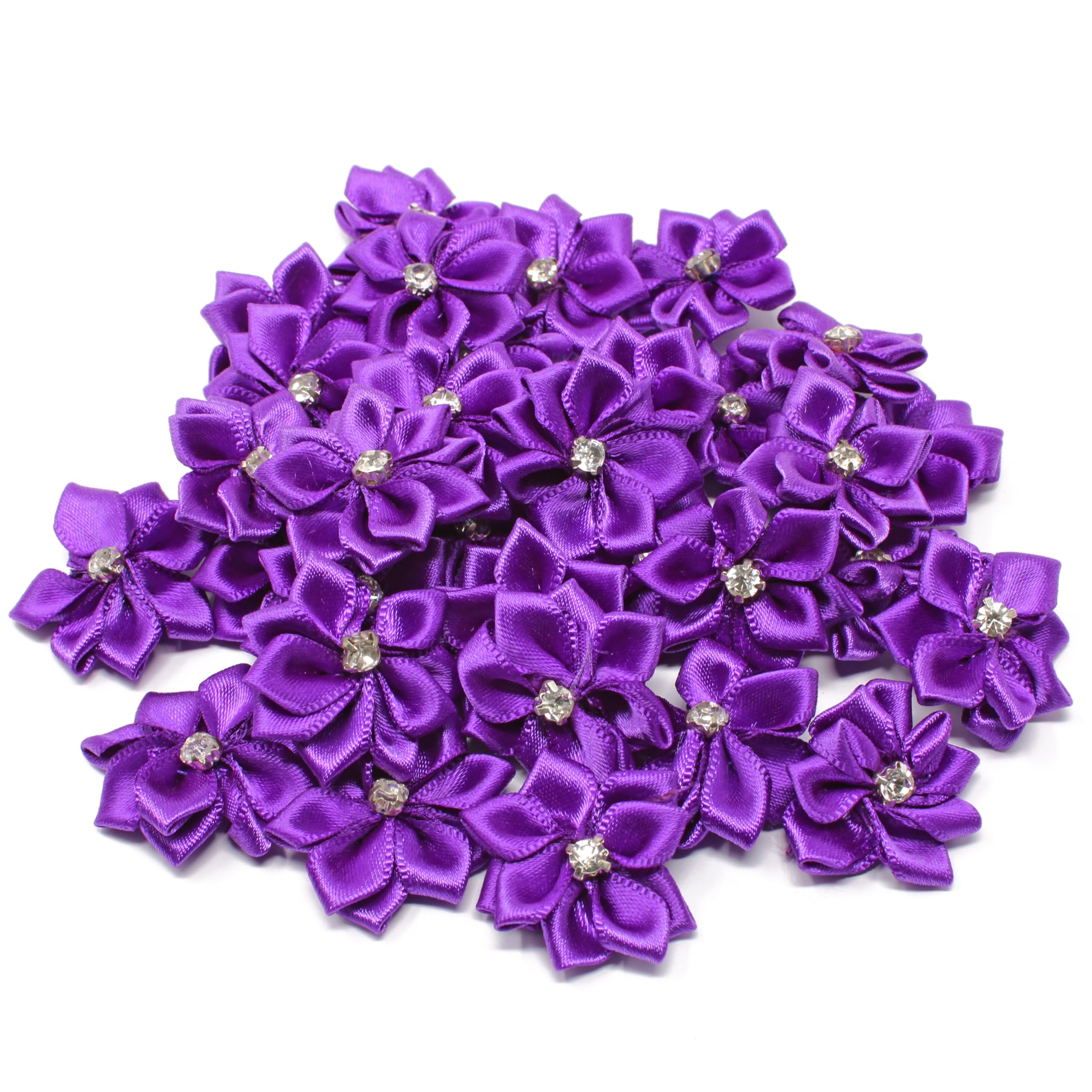 25mm Purple Satin Ribbon Flowers with Rhinestone Center - Pack of 50 DIY Craft Flowers for Wedding Bouquets, Hair Accessories, Gift Wrapping & Home Decor