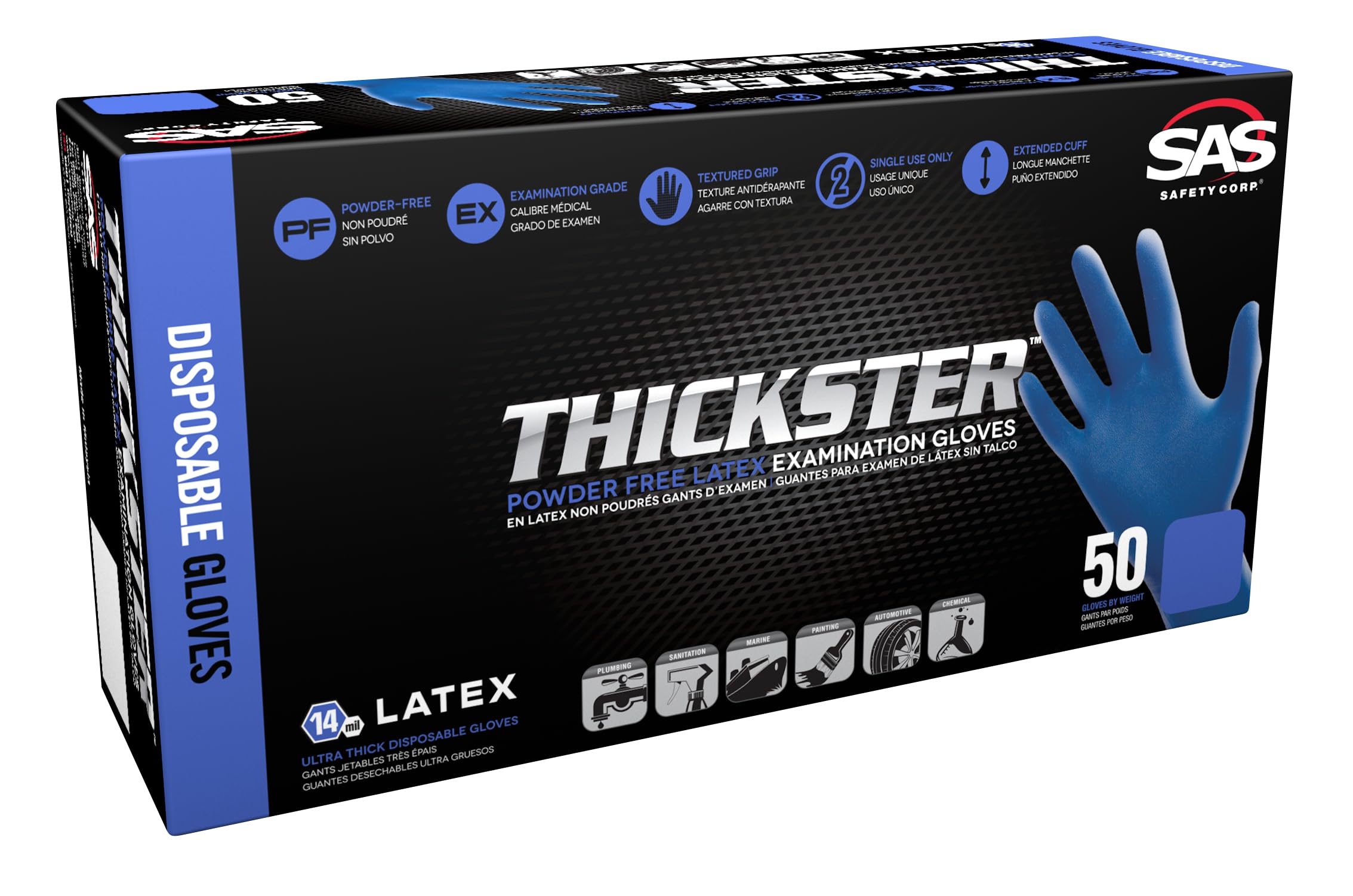 **SAS Thickster Powder-Free Exam Grade Latex Disposable Gloves - 10 Boxes (50 Ea, 500 Total) - 14 Mil, 2XL, Blue, Fully Textured, 12
