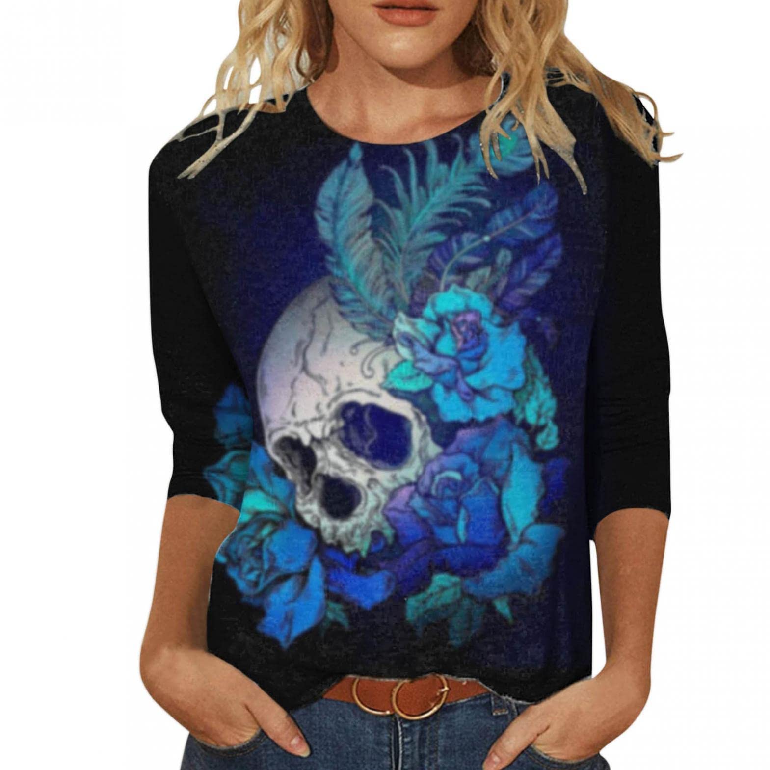 Women's Three Quarter Sleeve Gothic Printed Crewneck T-Shirt | Halloween Spooky Graphic Top | Loose Fit Casual Shirt for Trendy Outfits | Perfect for Halloween Parties, Cosplay & Alternative Fashion