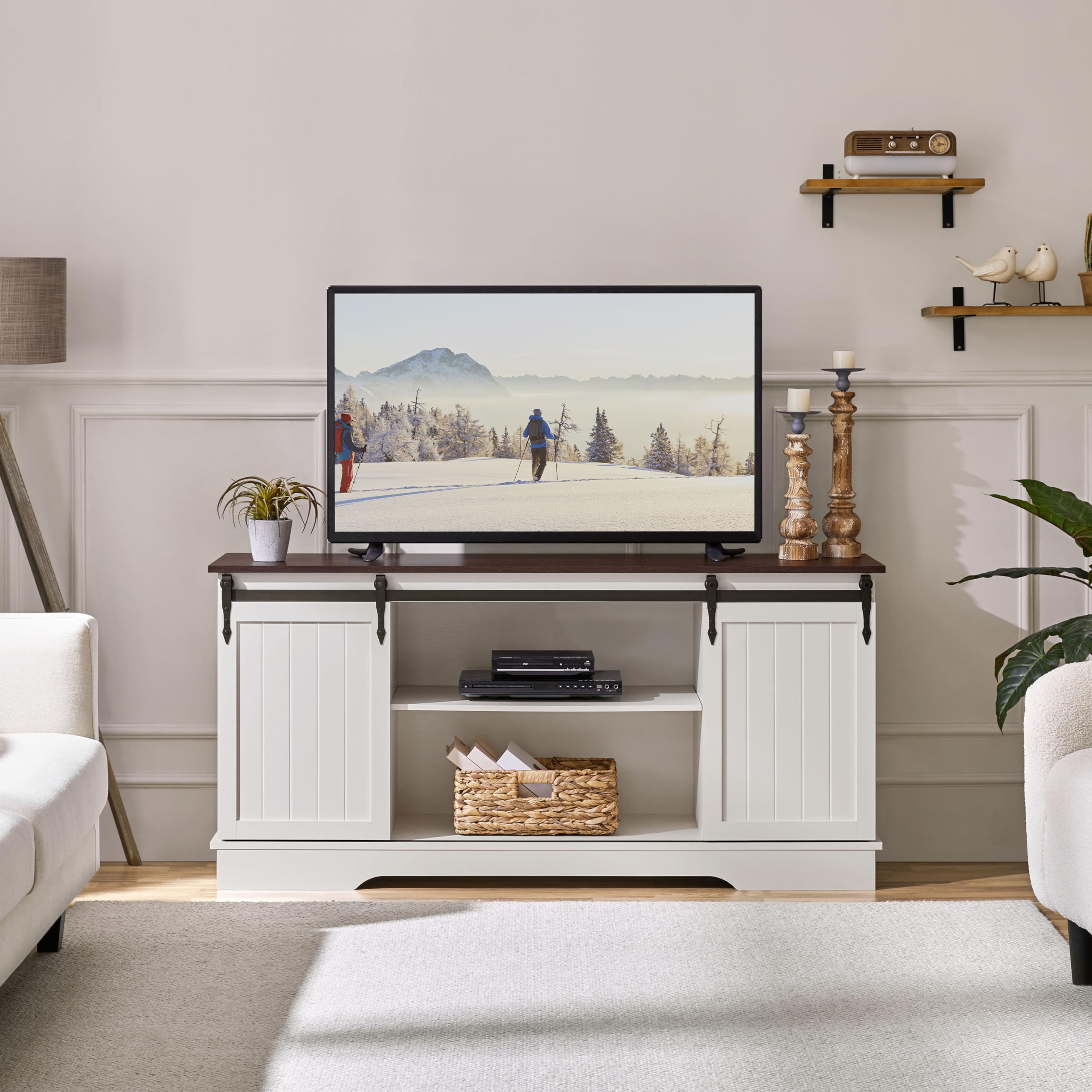 Yaheetech 65 Inch TV Stand with Sliding Barn Doors - Farmhouse Style Entertainment Center, TV Media Console for Living Room (White & Espresso) - Perfect for Home Theater Setup & Living Room Organization