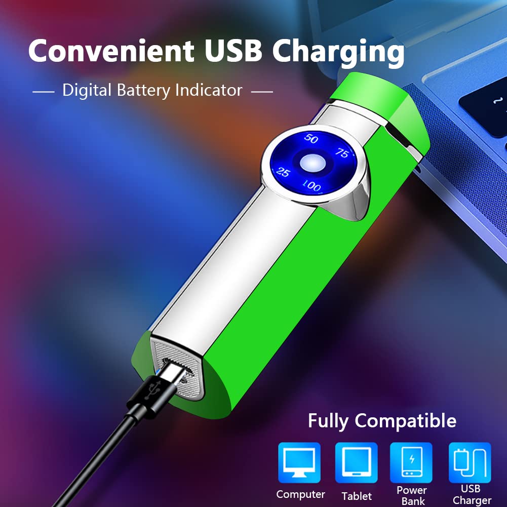 SKRFIRE Electric Triple Arc Plasma Lighter - USB Rechargeable, Windproof & Flameless, Portable Lighter with Digital Power Display for Candles, Fireworks, Camping, BBQ, Outdoor Adventures (Green)
