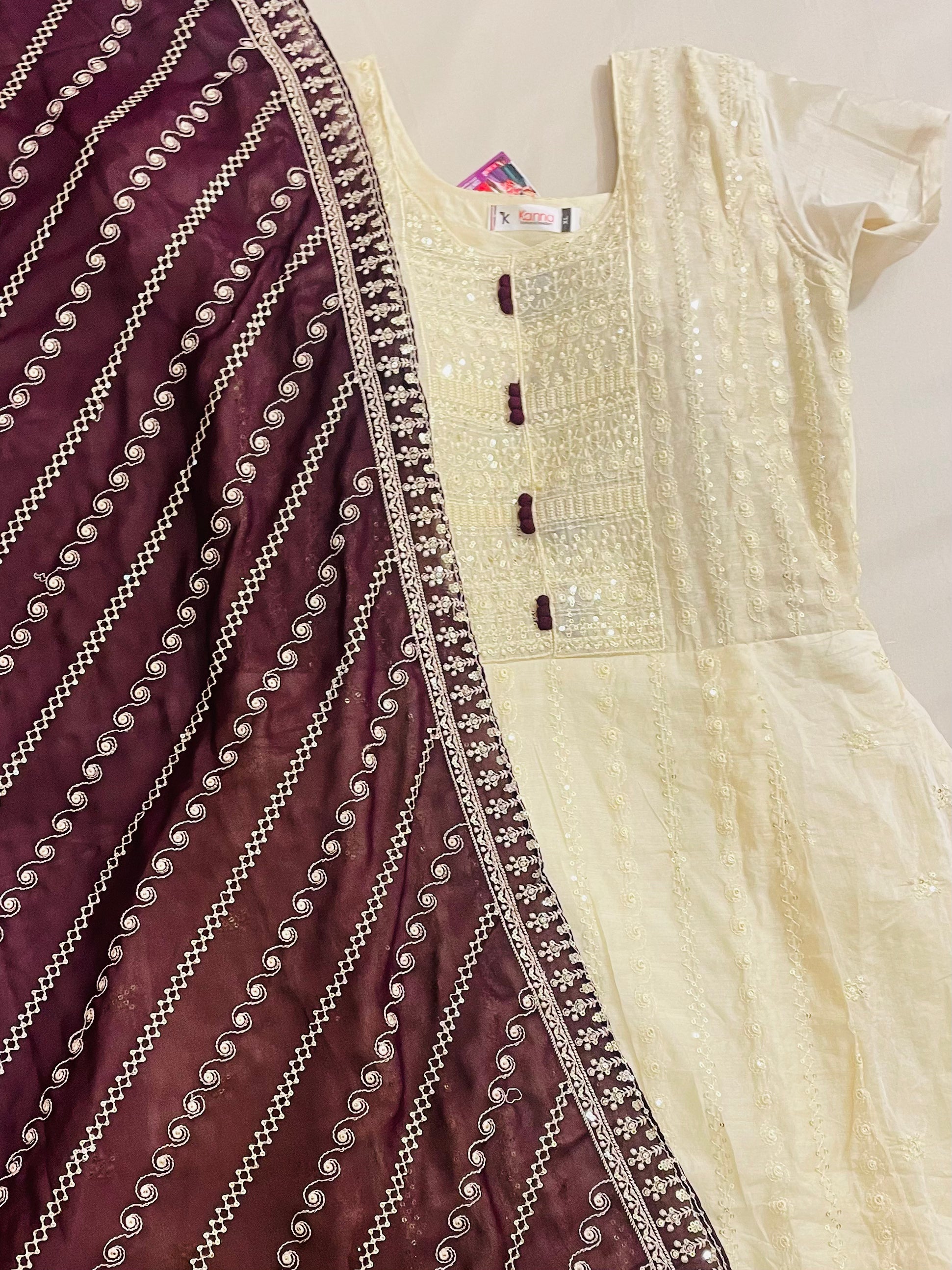 Elegant Ivory & Maroon Silk Cotton Kurti Set with Bottom & Dupatta - Perfect for Festivals, Weddings & Ethnic Occasions