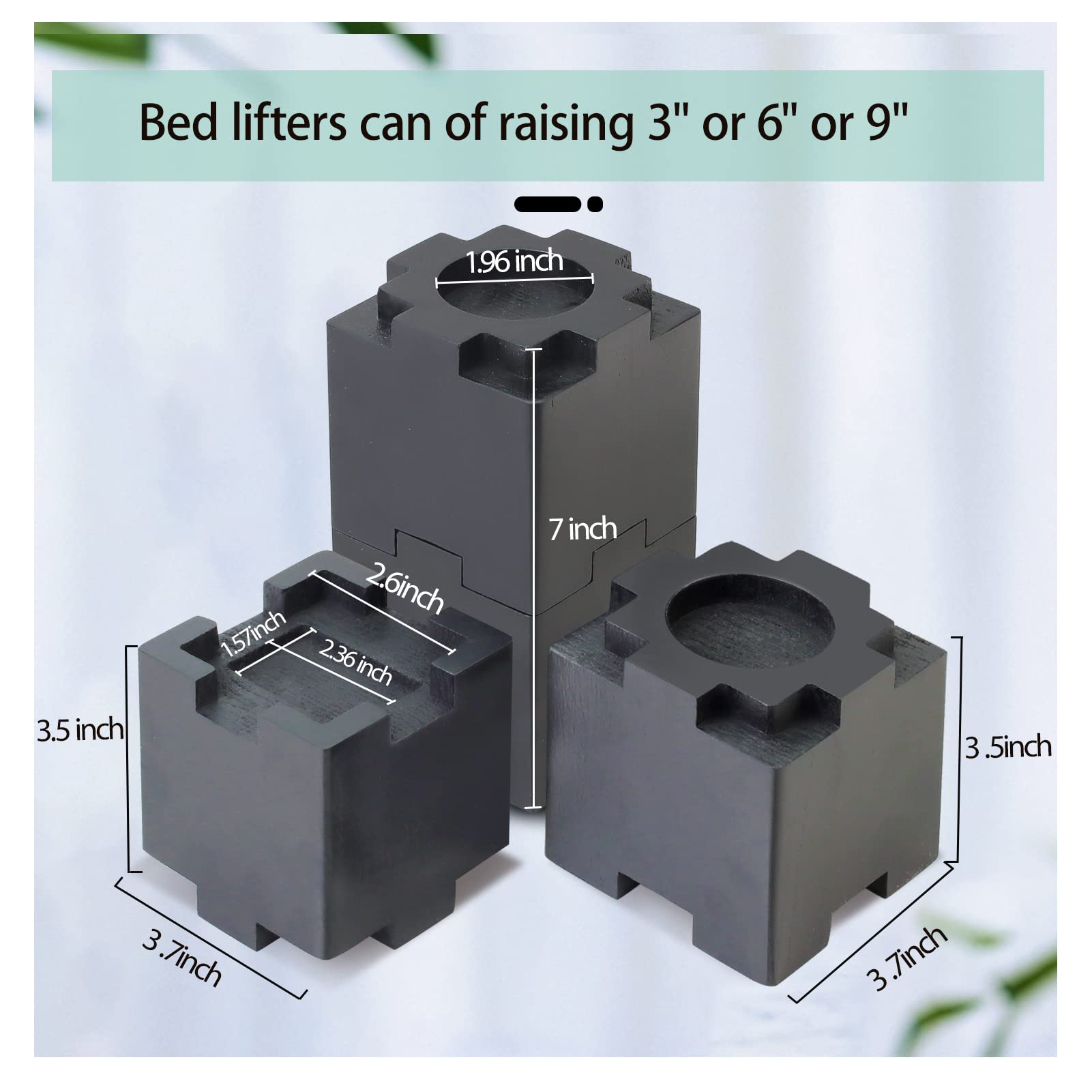 3.5 Inch Wood Bed Risers with Non-Slip Rubber Pads - 4 Pack Sturdy Furniture Risers for Sofa, Couch & Table Legs - Stackable Bed Lifts for Extra Storage Space & Comfort - Black