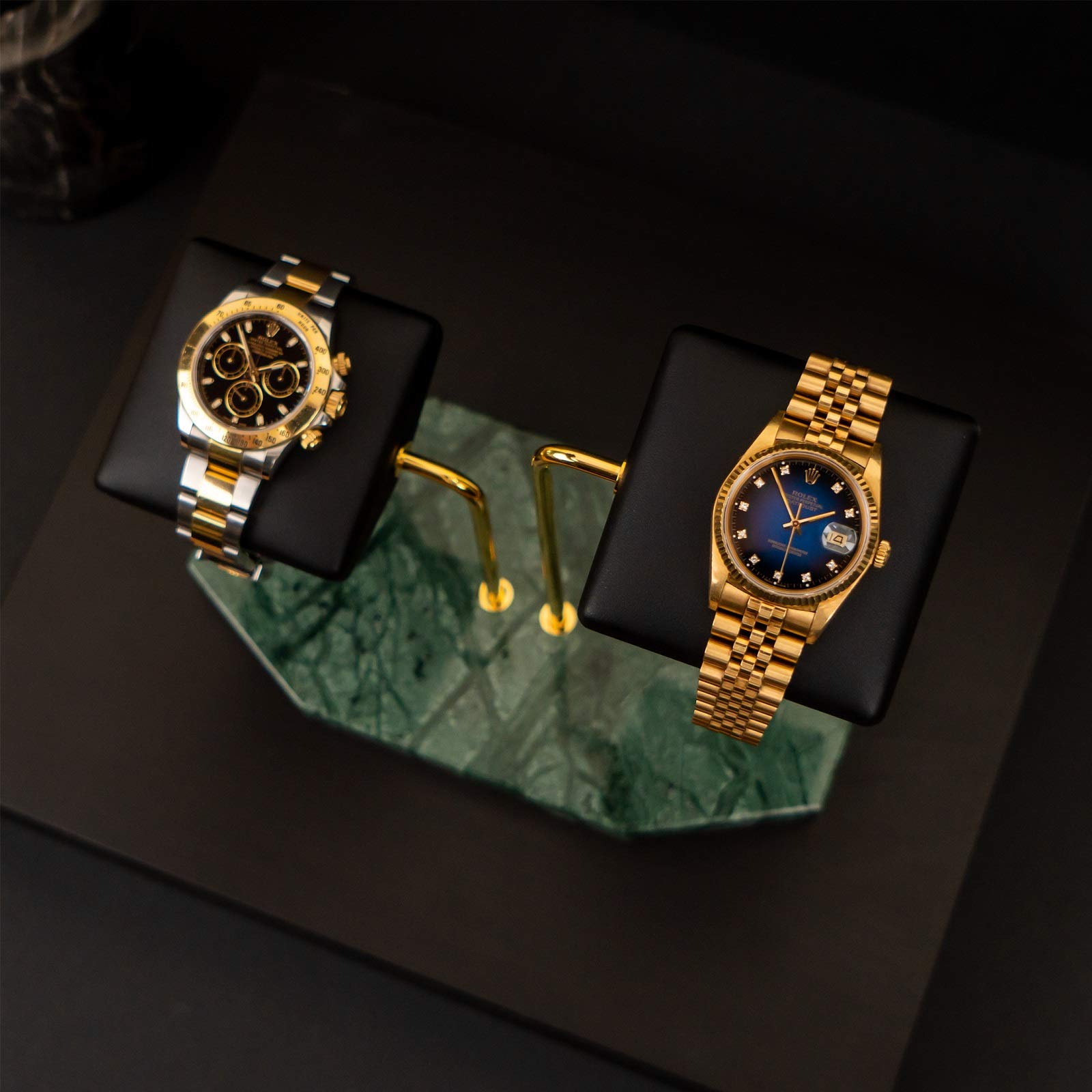 LYS&LYX Handcrafted Watch Stand - Premium Watch Display Holder for Luxury Watches (Green/Gold/Black, Set of 2) - Perfect for Jewelry Store, Watch Collection & Home Decor