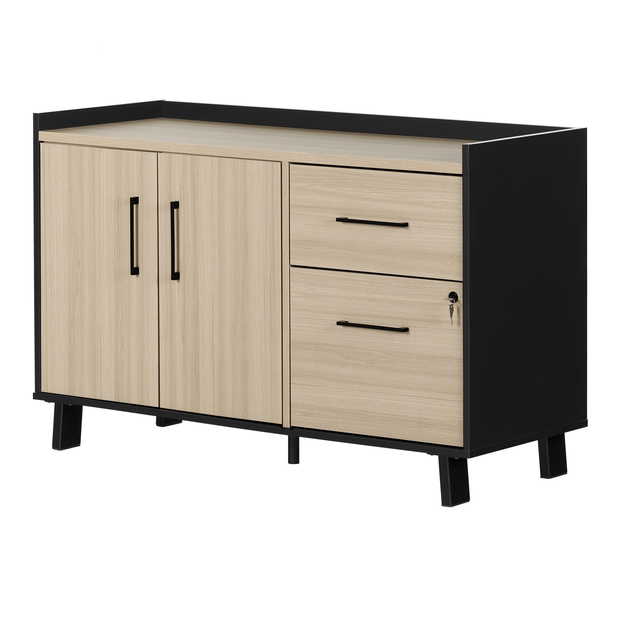 South Shore Kozack 2-Drawer Credenza with Doors in Soft Elm & Matte Black - Stylish Storage Solution for Home Office, Living Room or Bedroom