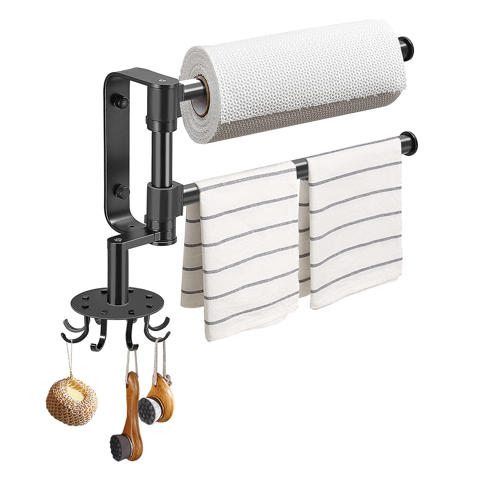 LeFroom 2-in-1 Paper Towel Holder - Wall Mount or Punch-Free Stand with 8 Hooks for Kitchen, Bathroom, Laundry Room - Space Saving Organizer for Home, RV & Camping Use