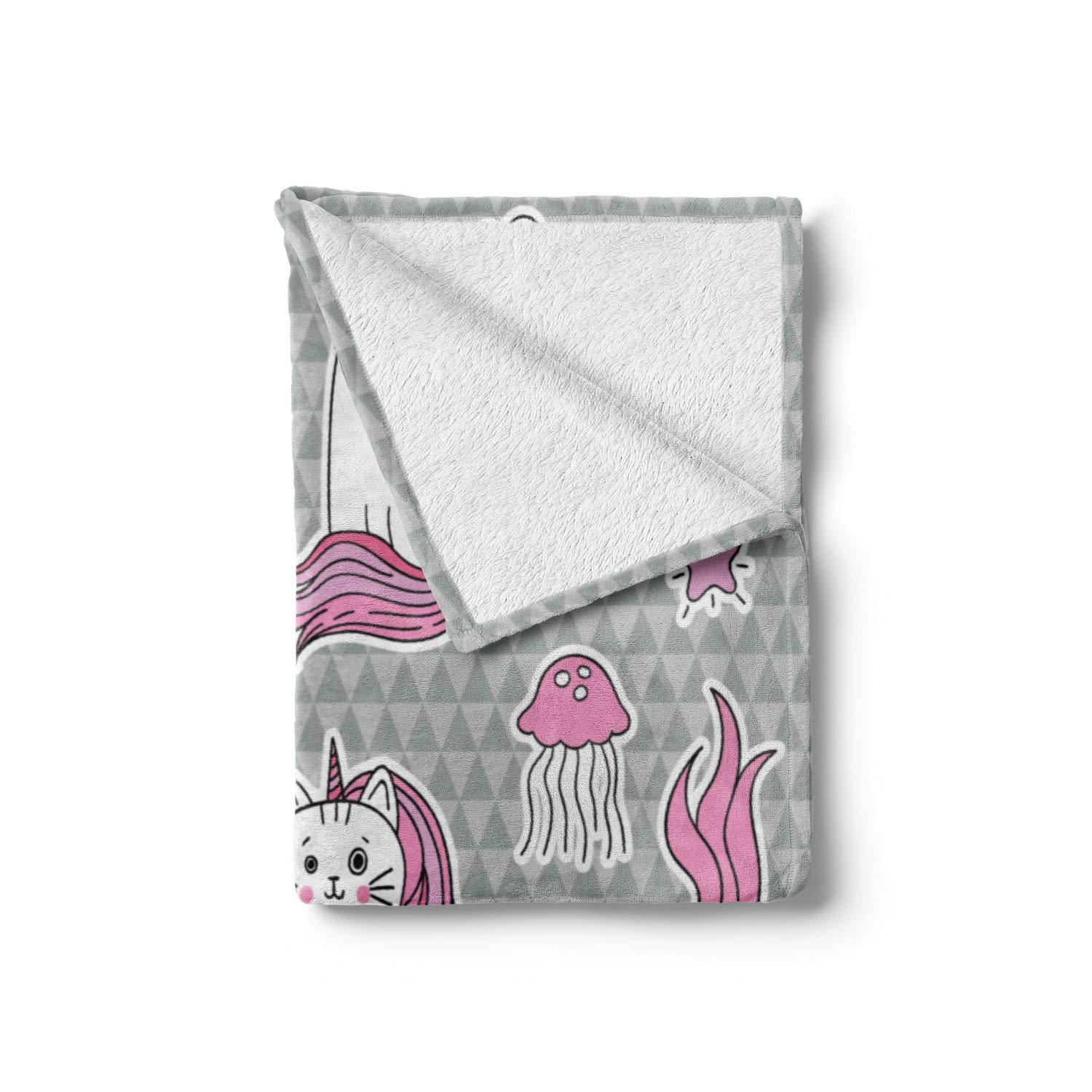 Ambesonne Unicorn Cat Throw Blanket - Soft Flannel Fleece Blanket with Cat, Unicorn & Mermaid Underwater Design - 50x60 Inch Grey Pale Pink White Blanket for Couch, Bed, Sofa - Perfect for Home Decor, Gift & Cozy Nights