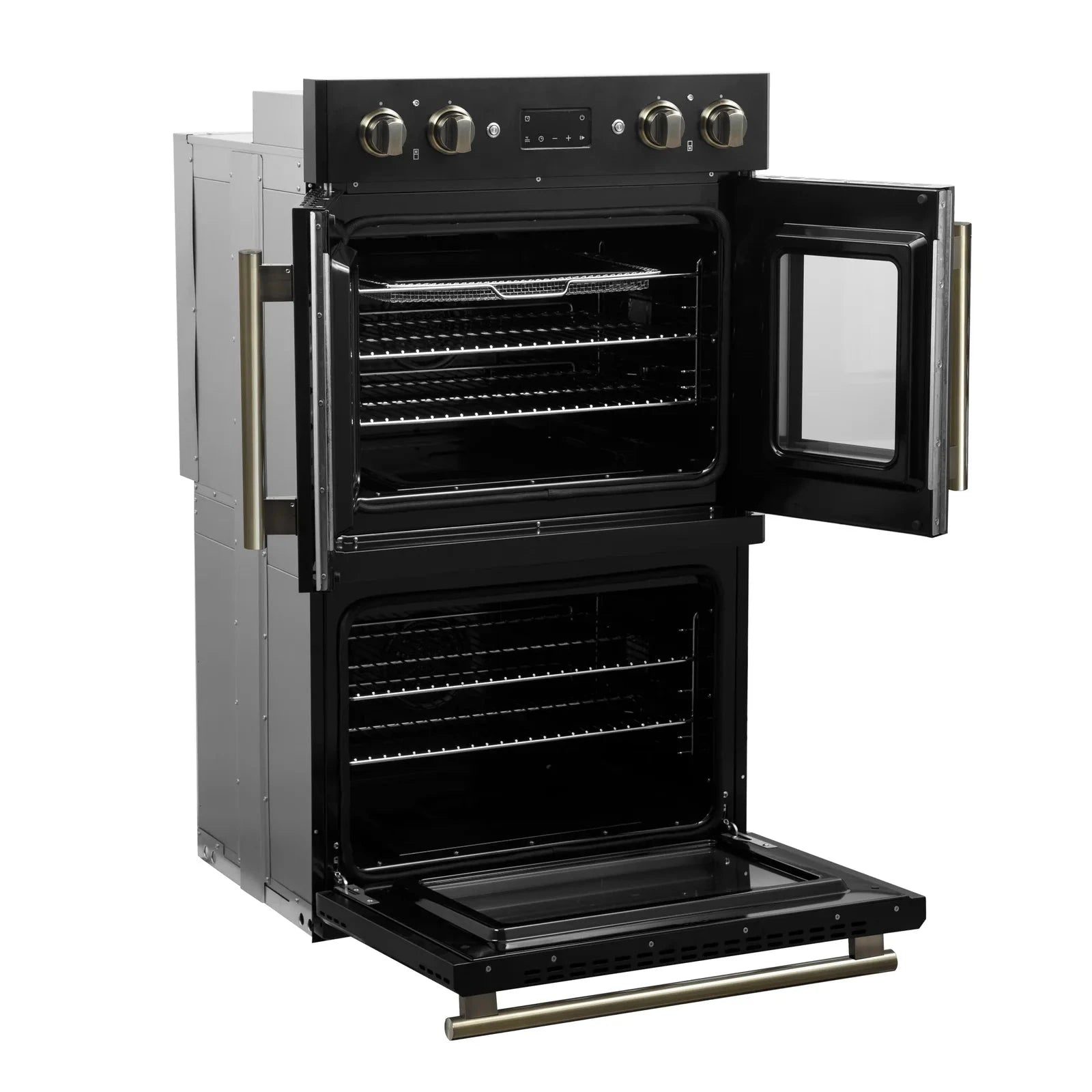 Forno Asti 30 Inch Double Electric Wall Oven with French Doors - Black Finish & Antique Brass Trim (Model FBOEL1340 30BLK) - Perfect for Modern Kitchens, Baking & Entertaining