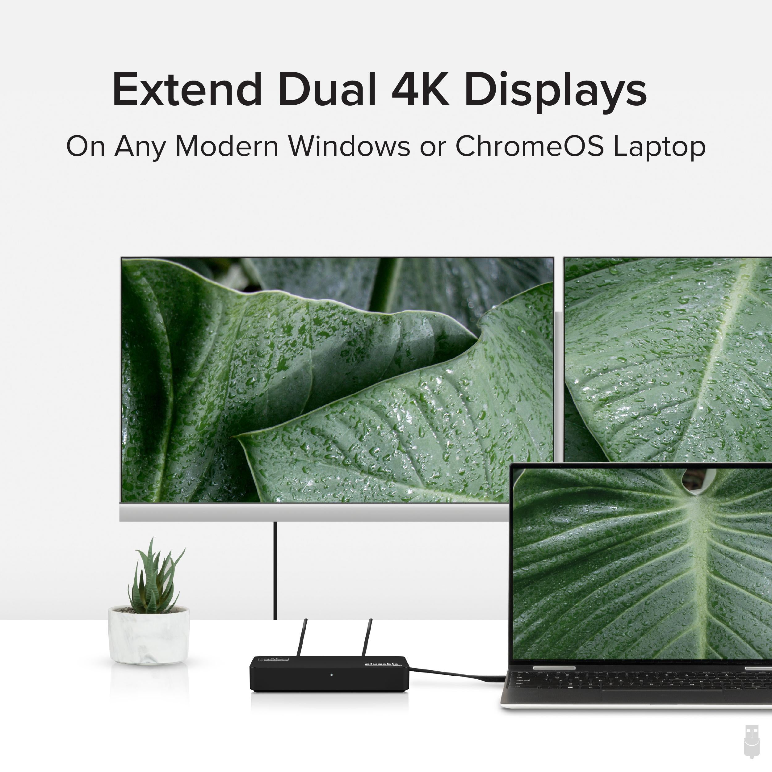 Plugable USB 3.0 & USB-C to Dual 4K HDMI DisplayPort Adapter with Ethernet - Extend Your Workspace for Home Office & Multi-Tasking Professionals