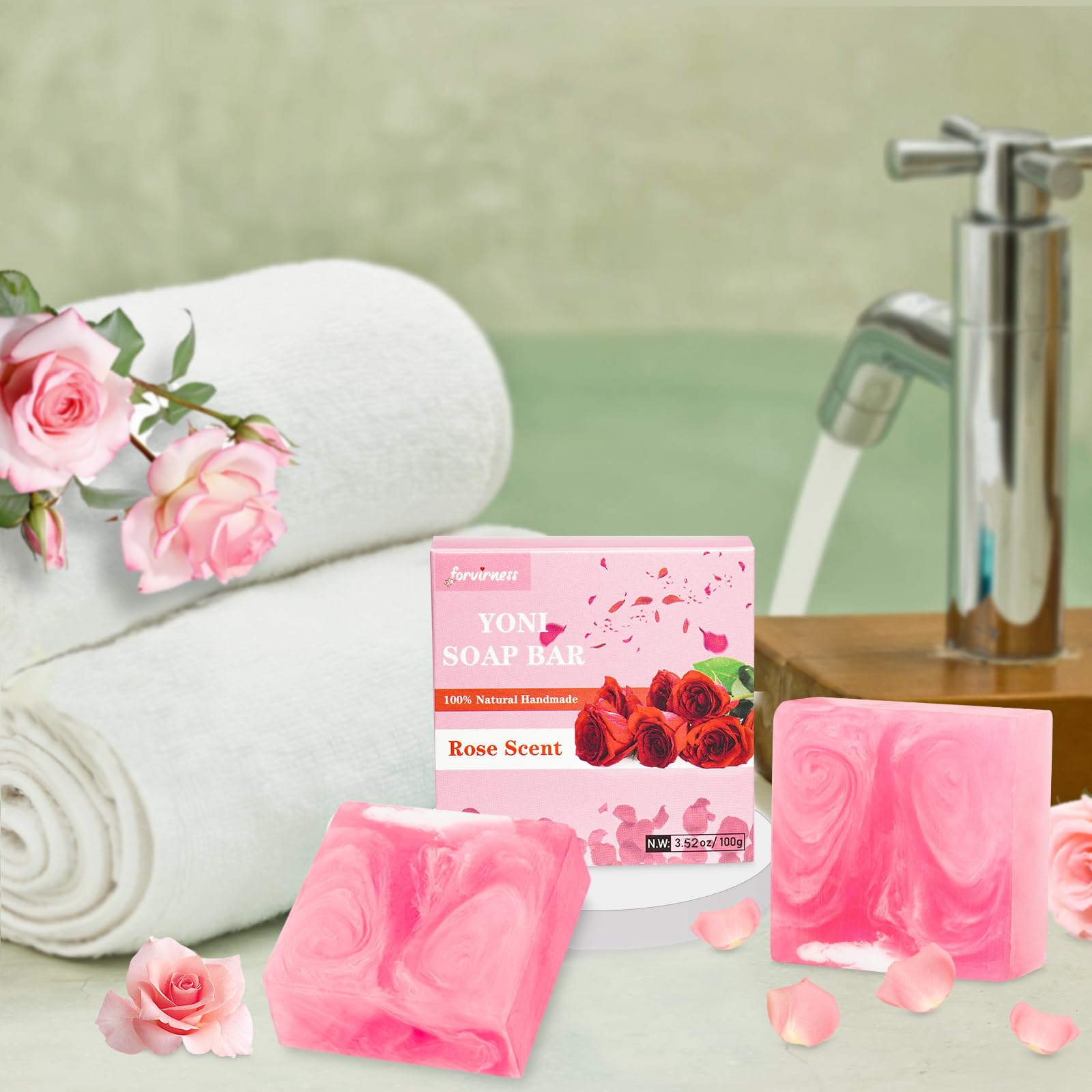 3 Pack Yoni Bar Soap for Women - 100% Natural Organic Feminine Wash with pH Balance, Moisturizing Vaginal Soap with Rose Scent | Intimate Hygiene, Daily Cleansing & Gentle Care for Sensitive Skin