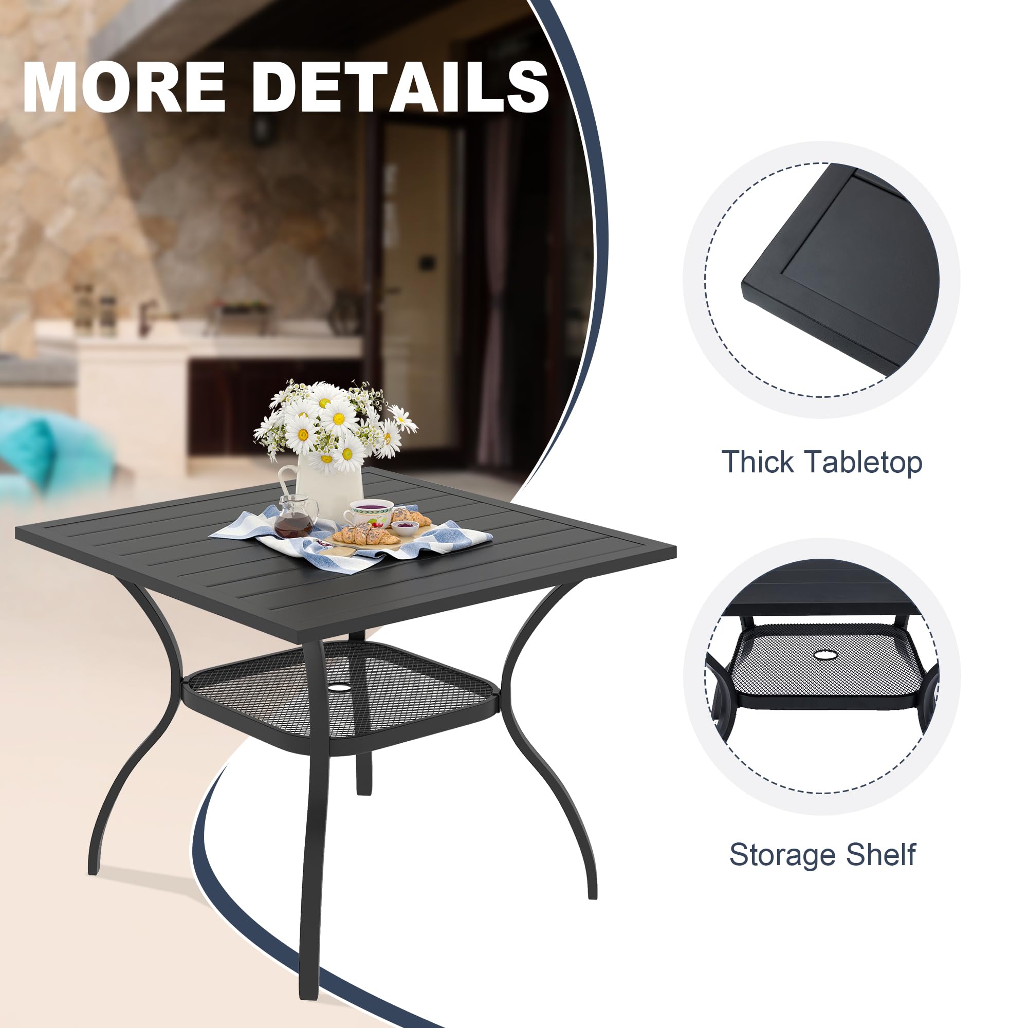 VICLLAX 4-Person Square Metal Patio Dining Table with Umbrella Hole & Storage Shelf - Outdoor Garden, Lawn, Balcony, Deck Furniture (Black) - Perfect for Backyard BBQs, Poolside Dining, and Outdoor Entertaining