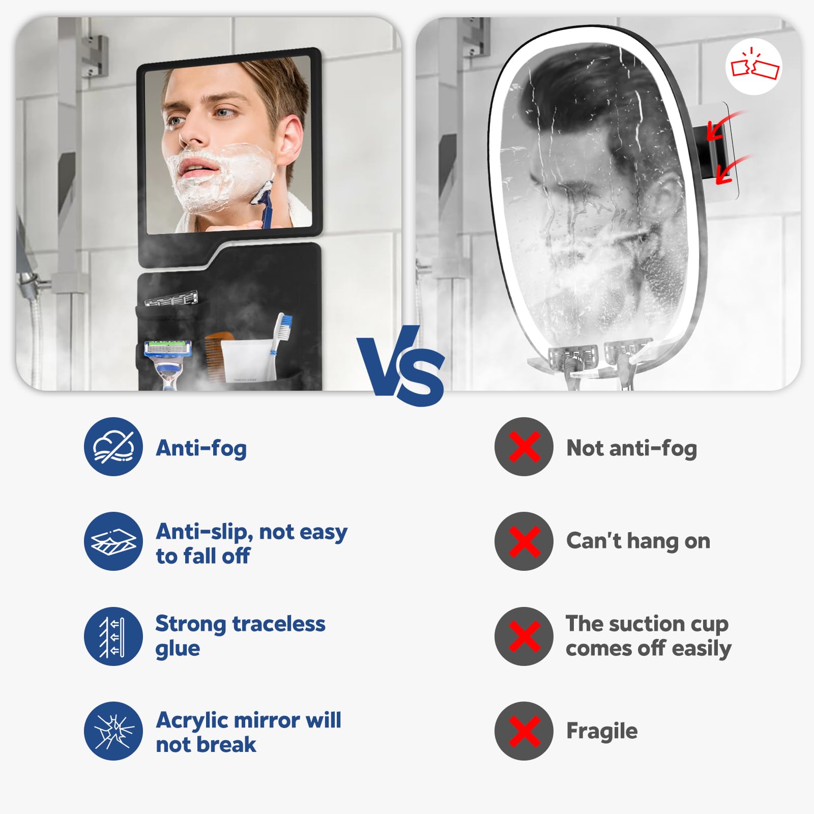 Fogless Shower Mirror for Shaving with Toothbrush & Razor Holder - Upgraded Silicone Grip Technology, Anti-Fog Acrylic Mirror with Strong Suction Cups - Perfect for Bathroom, Travel & Gym Use