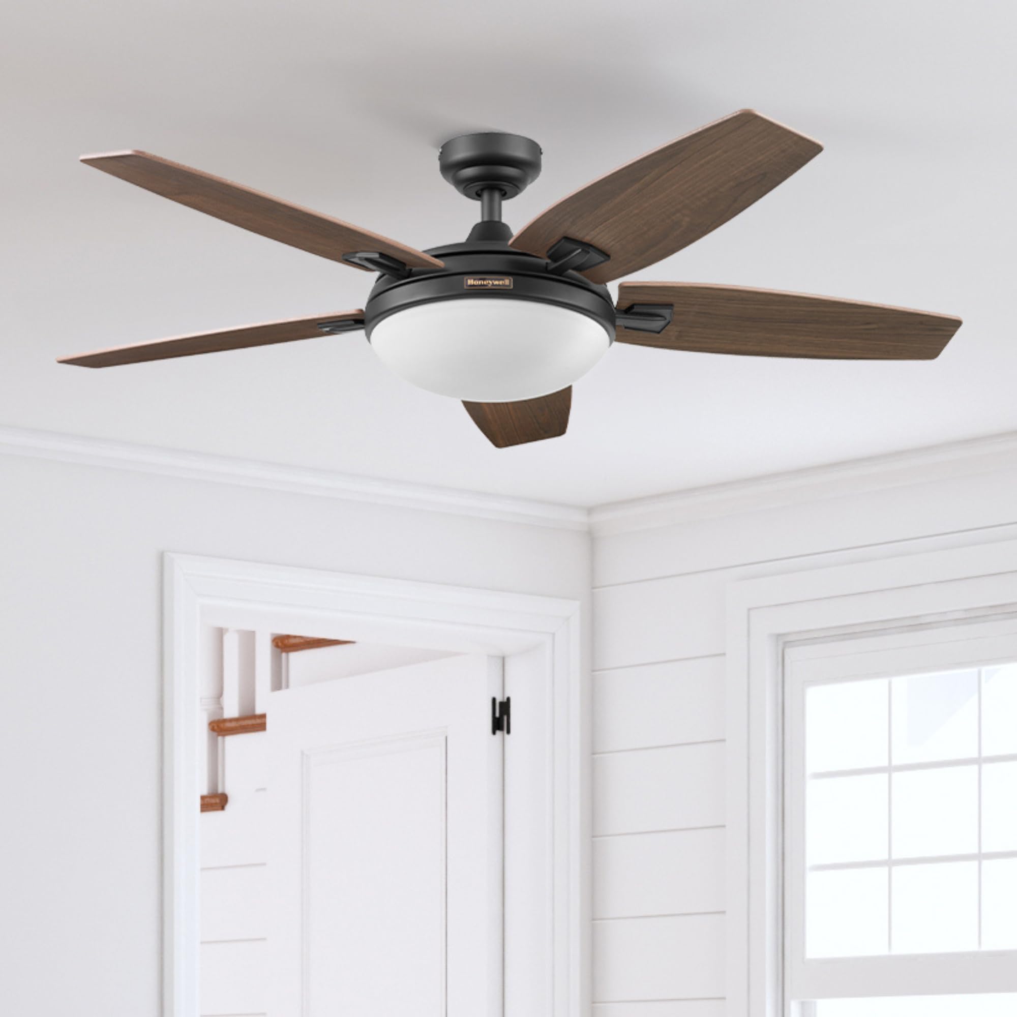 Honeywell Carmel 48 Inch Modern Ceiling Fan with LED Light and Remote Control - 5 Blades, Gray Ironwood/Brown Maple Finish - Bronze (50197-01) - Perfect for Living Room, Bedroom, and Indoor Spaces