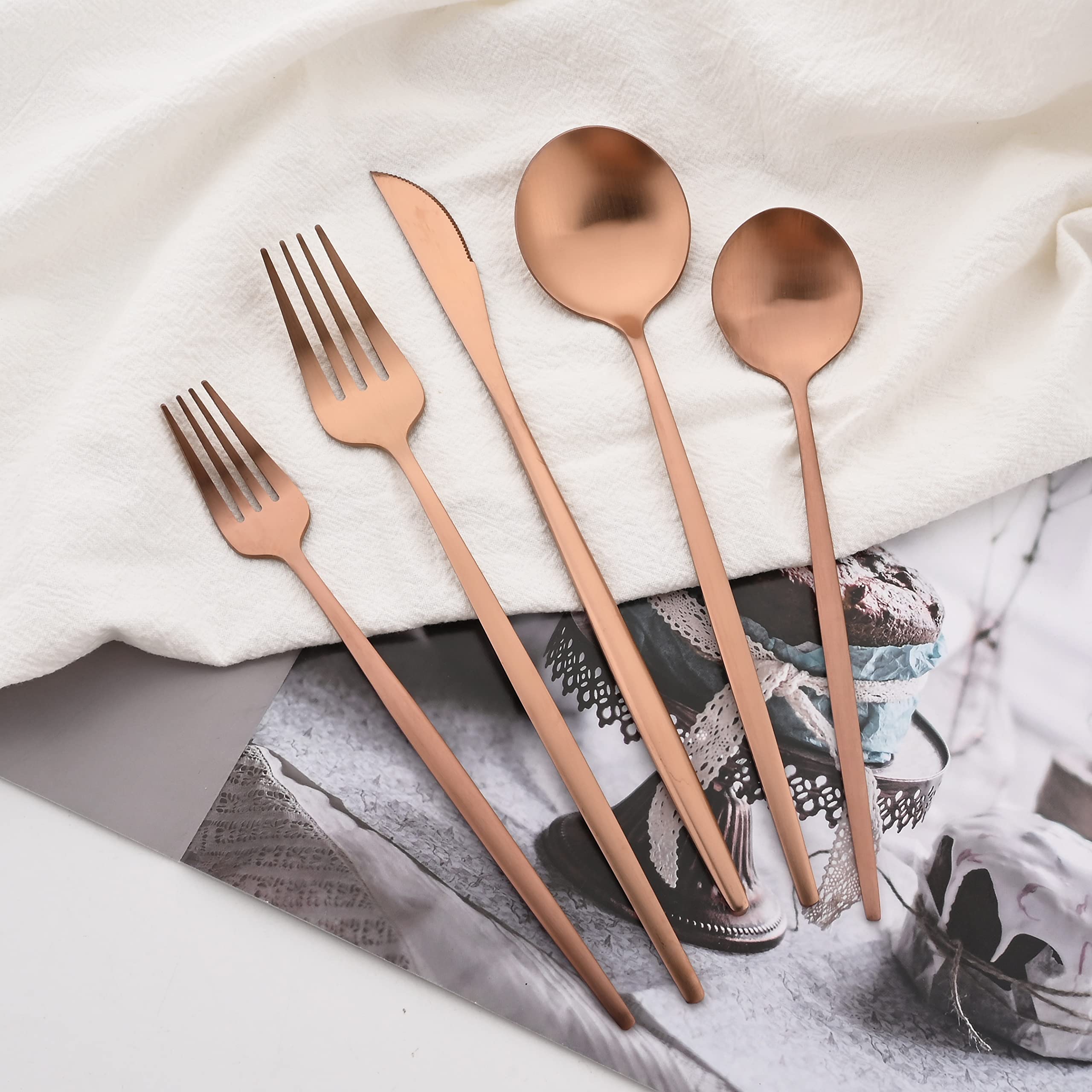 Matte Rose Gold Silverware Set for 4 - 20 Piece Stainless Steel Flatware Set with Knives, Spoons & Forks | Satin Finish, Dishwasher Safe | Elegant Dining & Dinner Party Tableware