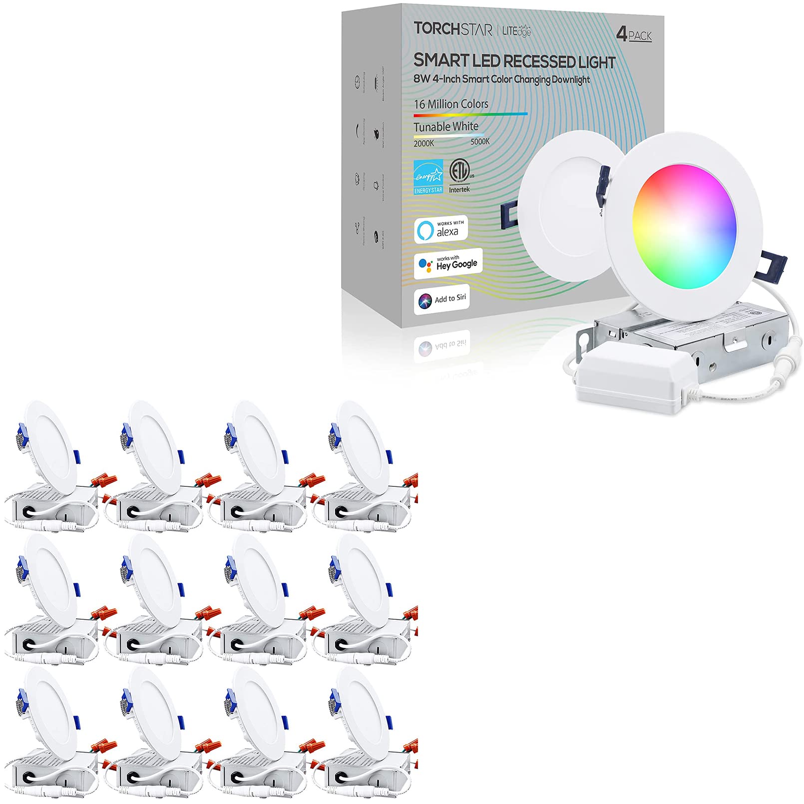 TORCHSTAR 12-Pack 10W 4 Inch LED Recessed Lights with Junction Box & 4-Pack Smart RGBCW WiFi Downlights - Dimmable Color Changing Ceiling Lights for Bedroom, Kitchen, Living Room, Office (Energy Efficient)