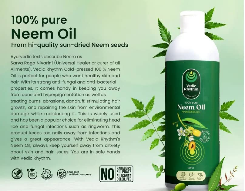 Vedic Rhythm Neem Oil 100ml - Cold Pressed 100% Pure First Extraction for Hair, Skin & Body Care | Organic Ayurvedic Treatment for Acne, Dandruff & Dry Skin | Perfect for Daily Skincare & Hair Growth Routine