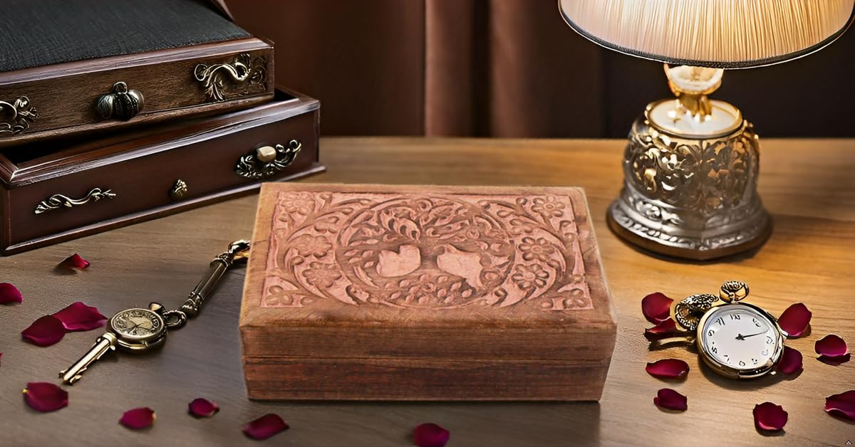 Handmade Tree of Life Wooden Jewelry Box - Decorative Treasure Chest with Lock, Jewelry Organizer & Keepsake Box for Women (Pink) | Perfect Birthday Gift, Anniversary Present & Home Decor Accessory